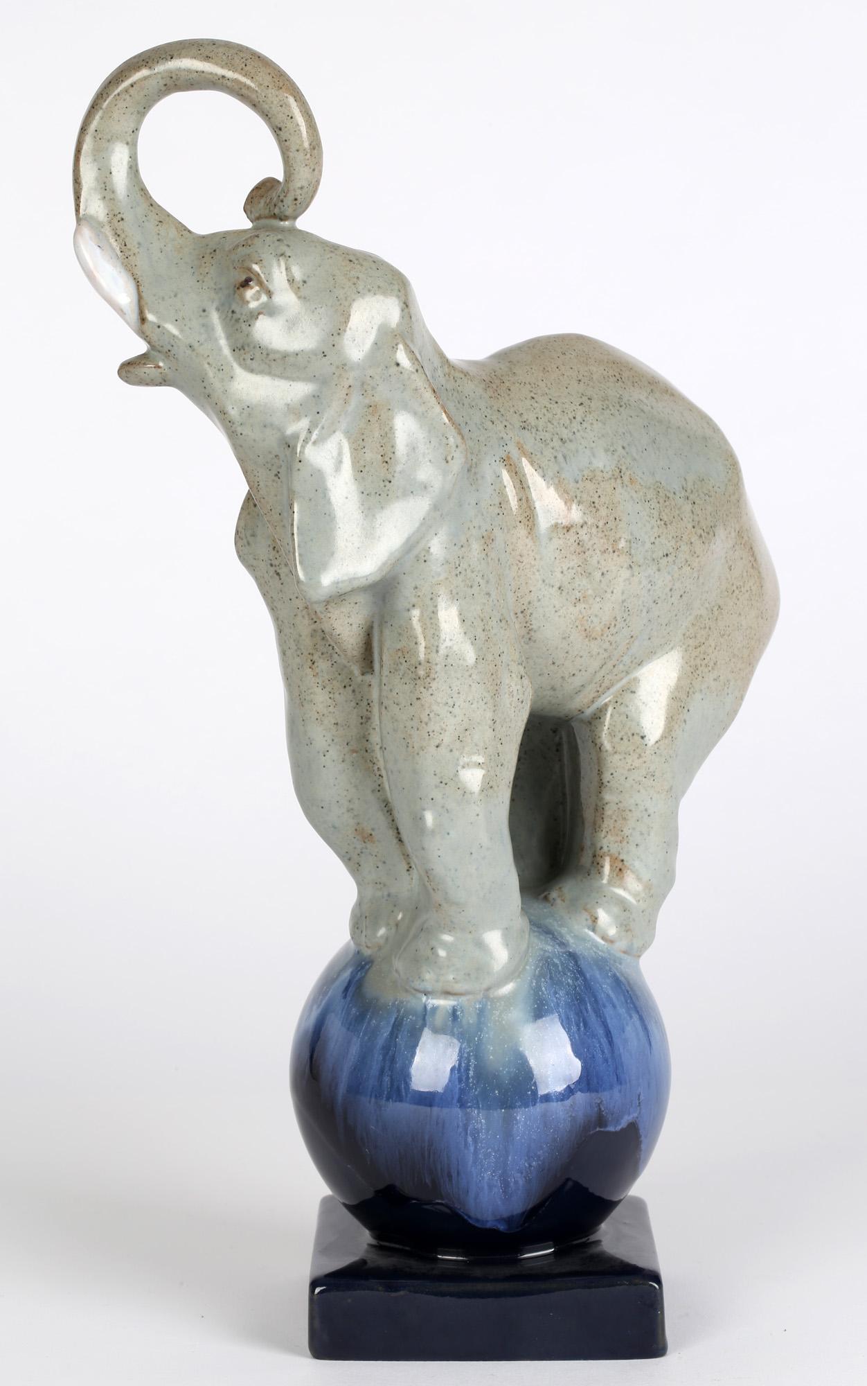 Art Deco French Glazed Pottery Circus Performing Elephant Figure For Sale 1