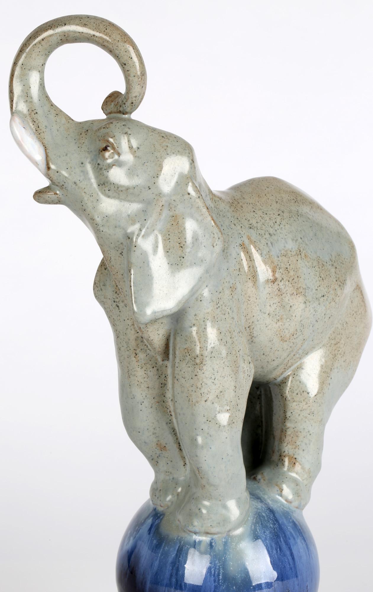 Art Deco French Glazed Pottery Circus Performing Elephant Figure For Sale 2