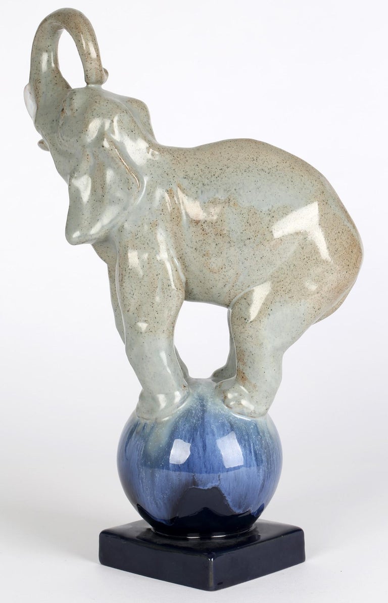 Art Deco French Glazed Pottery Circus Performing Elephant Figure For Sale 4