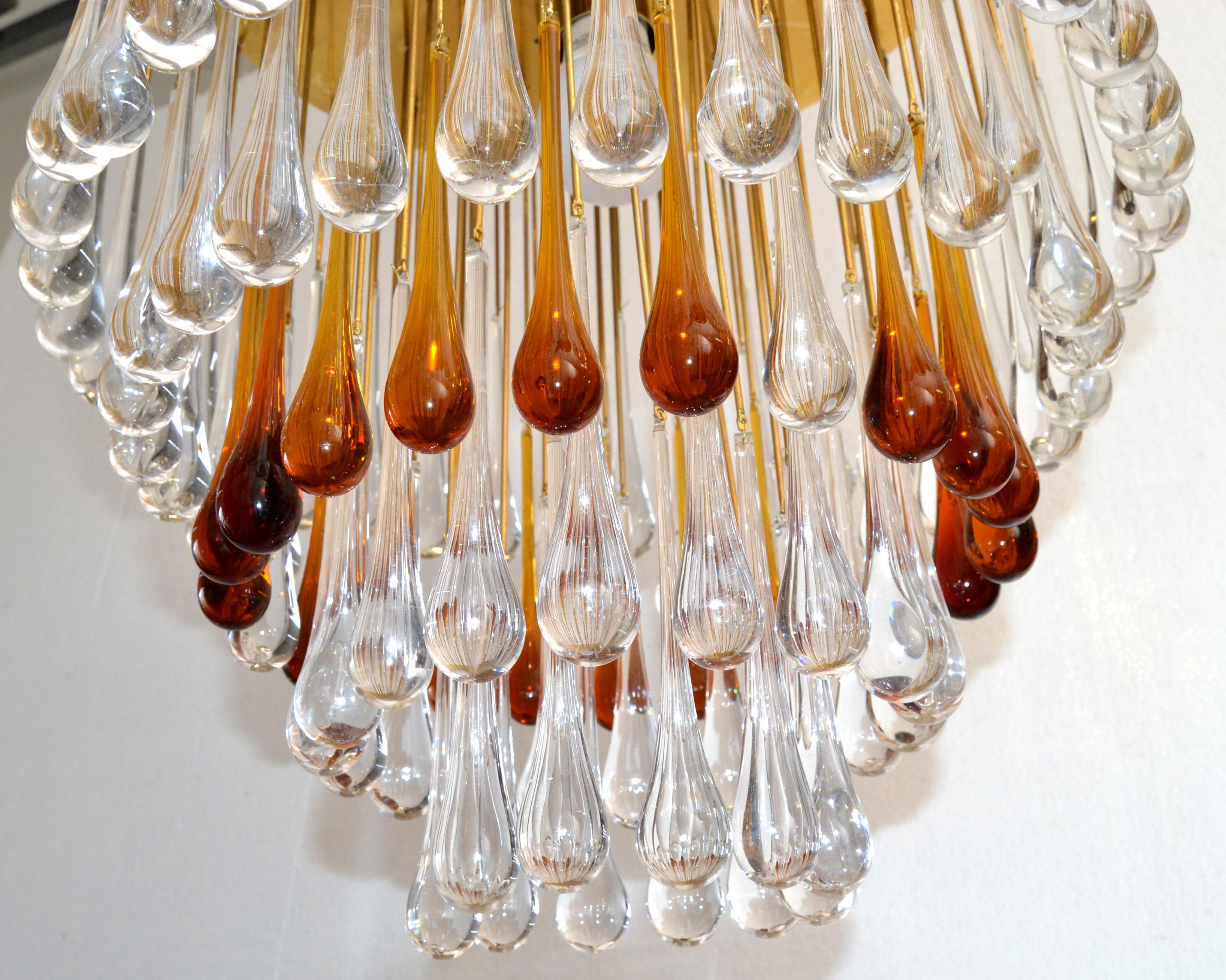 Art Deco French Gold Leaf Crystal Tear Drop Chandelier in Amber and Clear 1940 For Sale 5