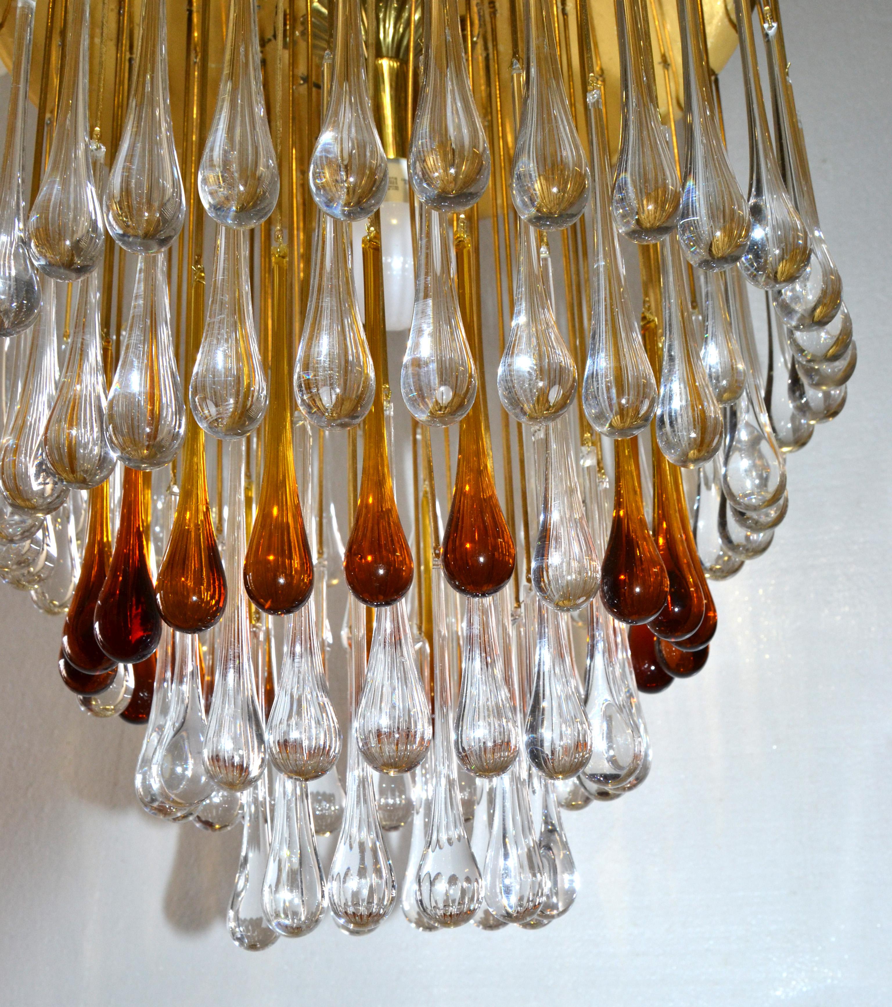 Art Deco French Gold Leaf Crystal Tear Drop Chandelier in Amber and Clear 1940 For Sale 8