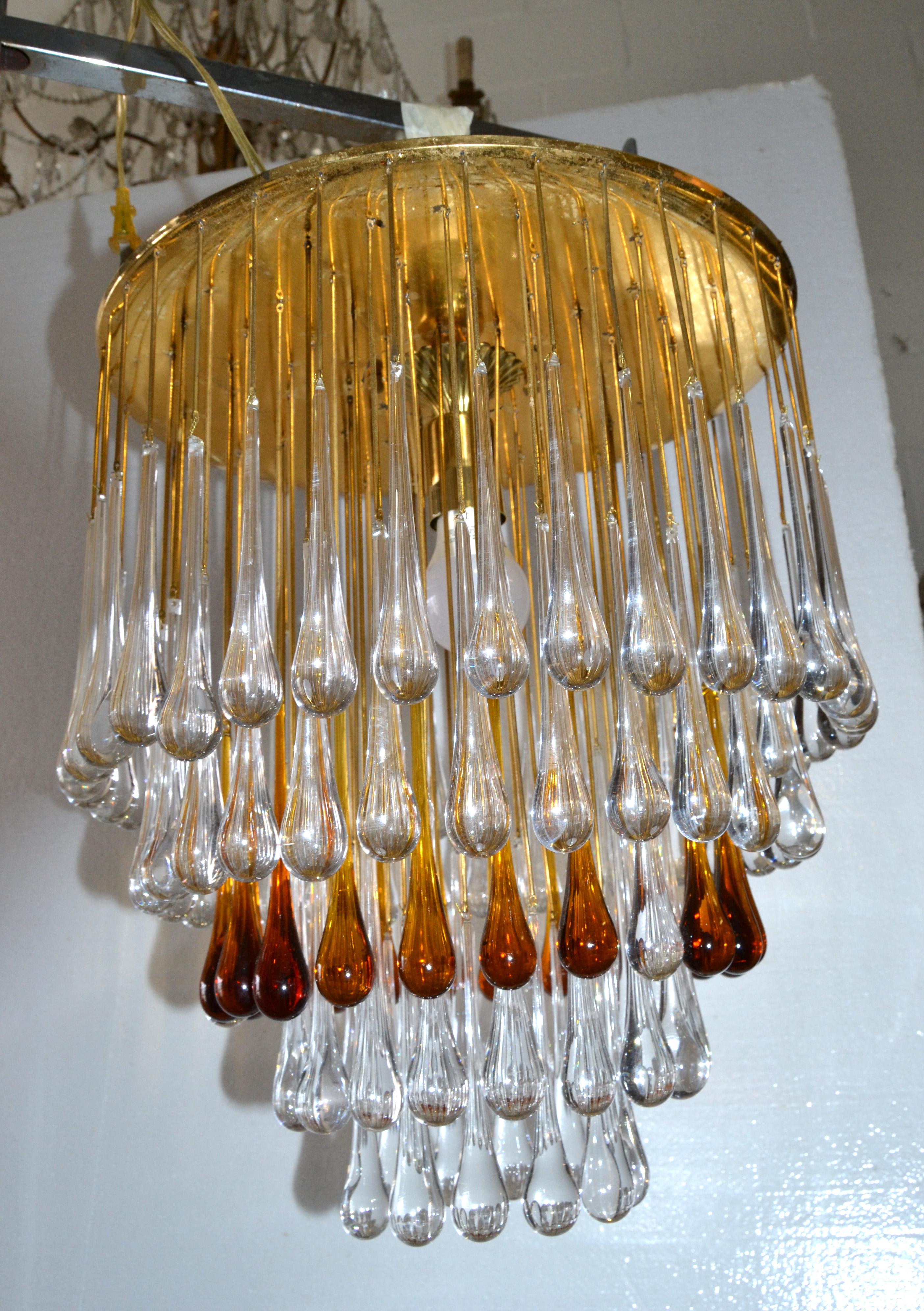 Art Deco French Gold Leaf Crystal Tear Drop Chandelier in Amber and Clear 1940 For Sale 9