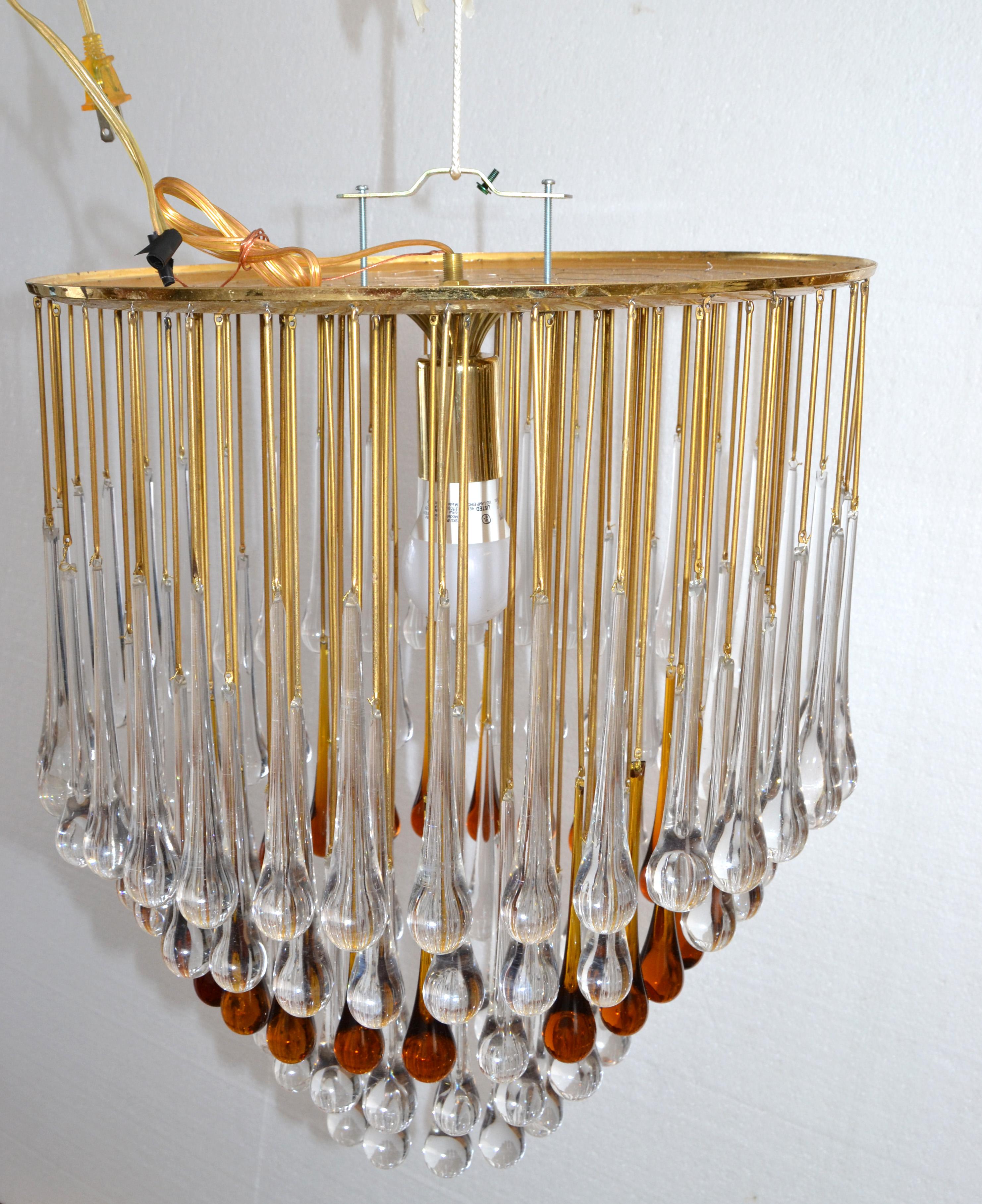 Art Deco French Gold Leaf Crystal Tear Drop Chandelier in Amber and Clear 1940 For Sale 10