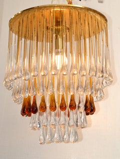 Art Deco French Gold Leaf Crystal Tear Drop Chandelier in Amber and Clear 1940