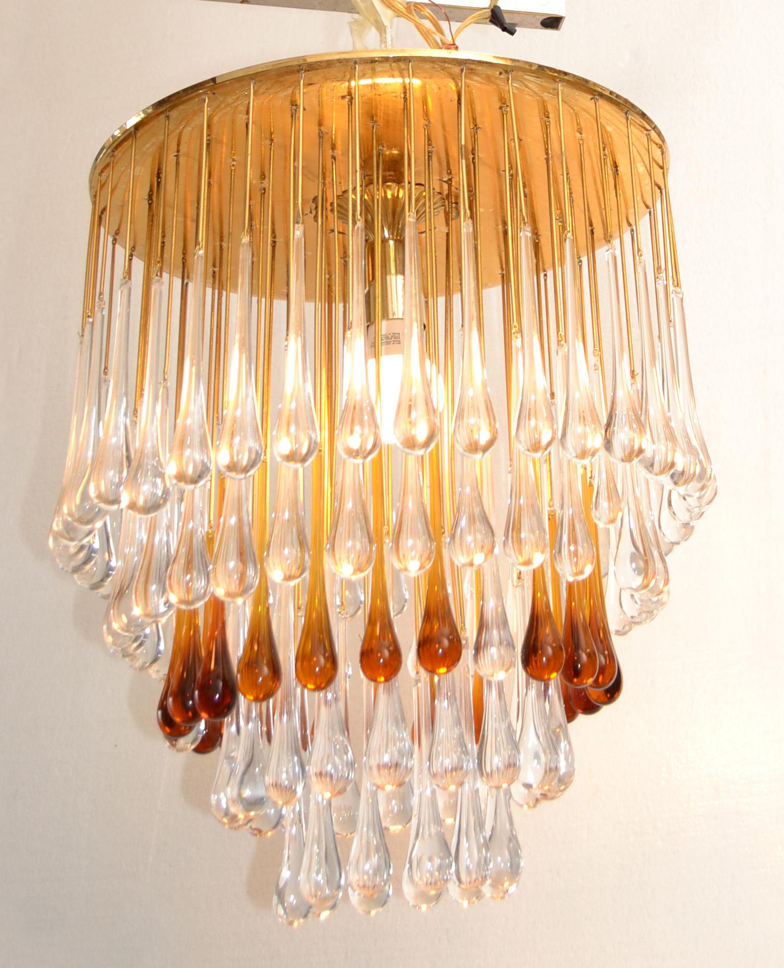 Hand-Crafted Art Deco French Gold Leaf Crystal Tear Drop Chandelier in Amber and Clear 1940 For Sale