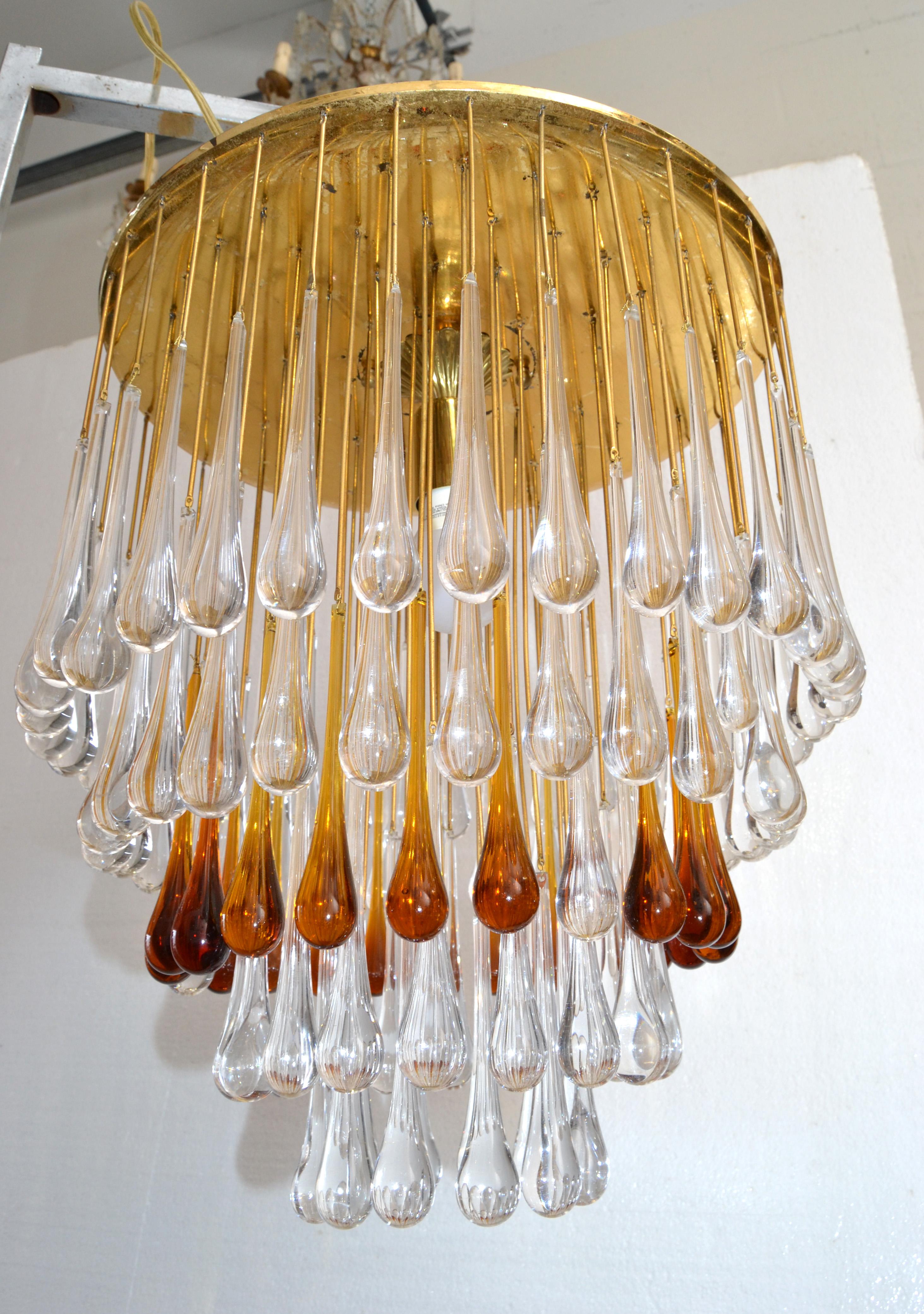 Art Deco French Gold Leaf Crystal Tear Drop Chandelier in Amber and Clear 1940 In Good Condition For Sale In Miami, FL