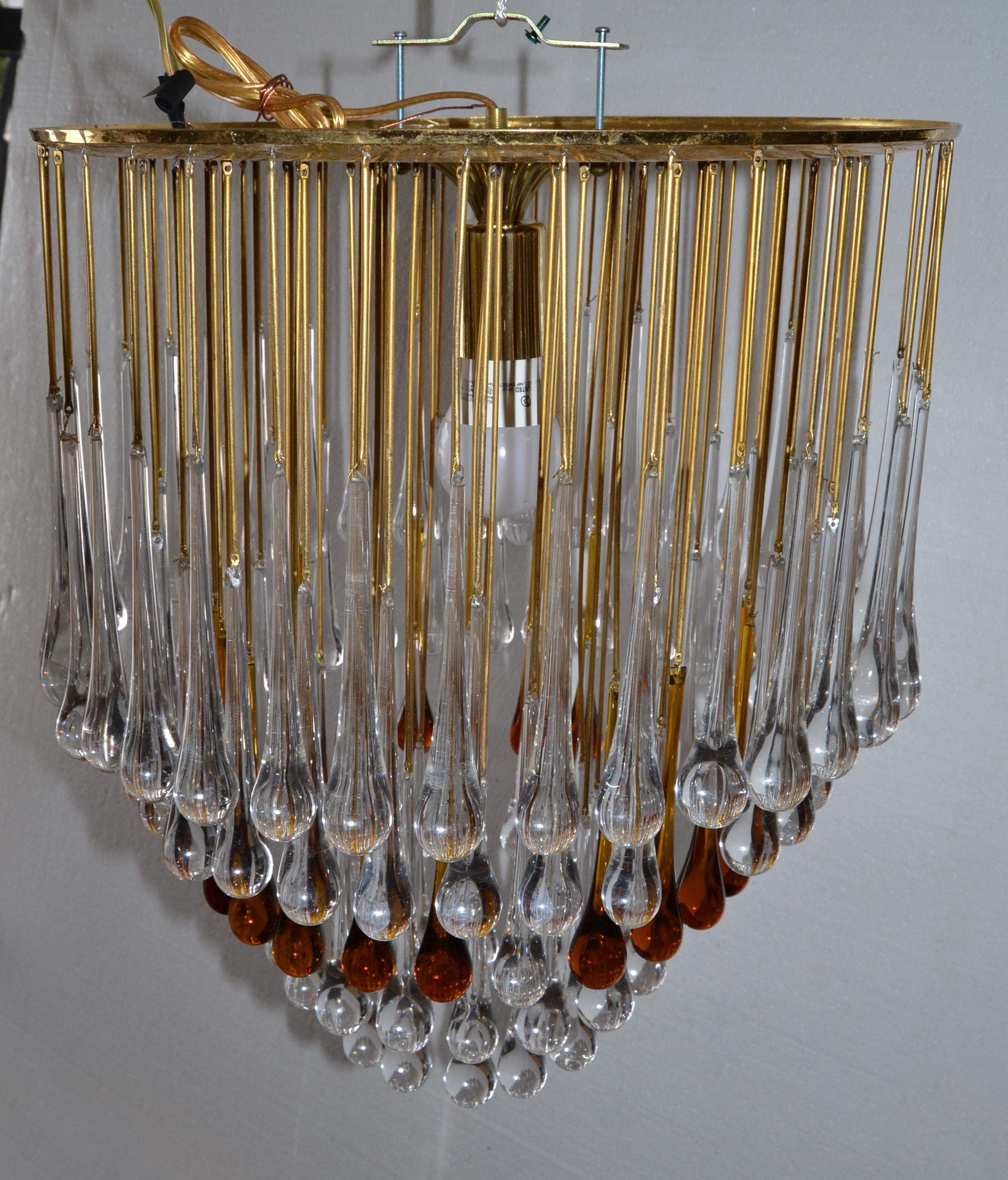 Art Deco French Gold Leaf Crystal Tear Drop Chandelier in Amber and Clear 1940 For Sale 2
