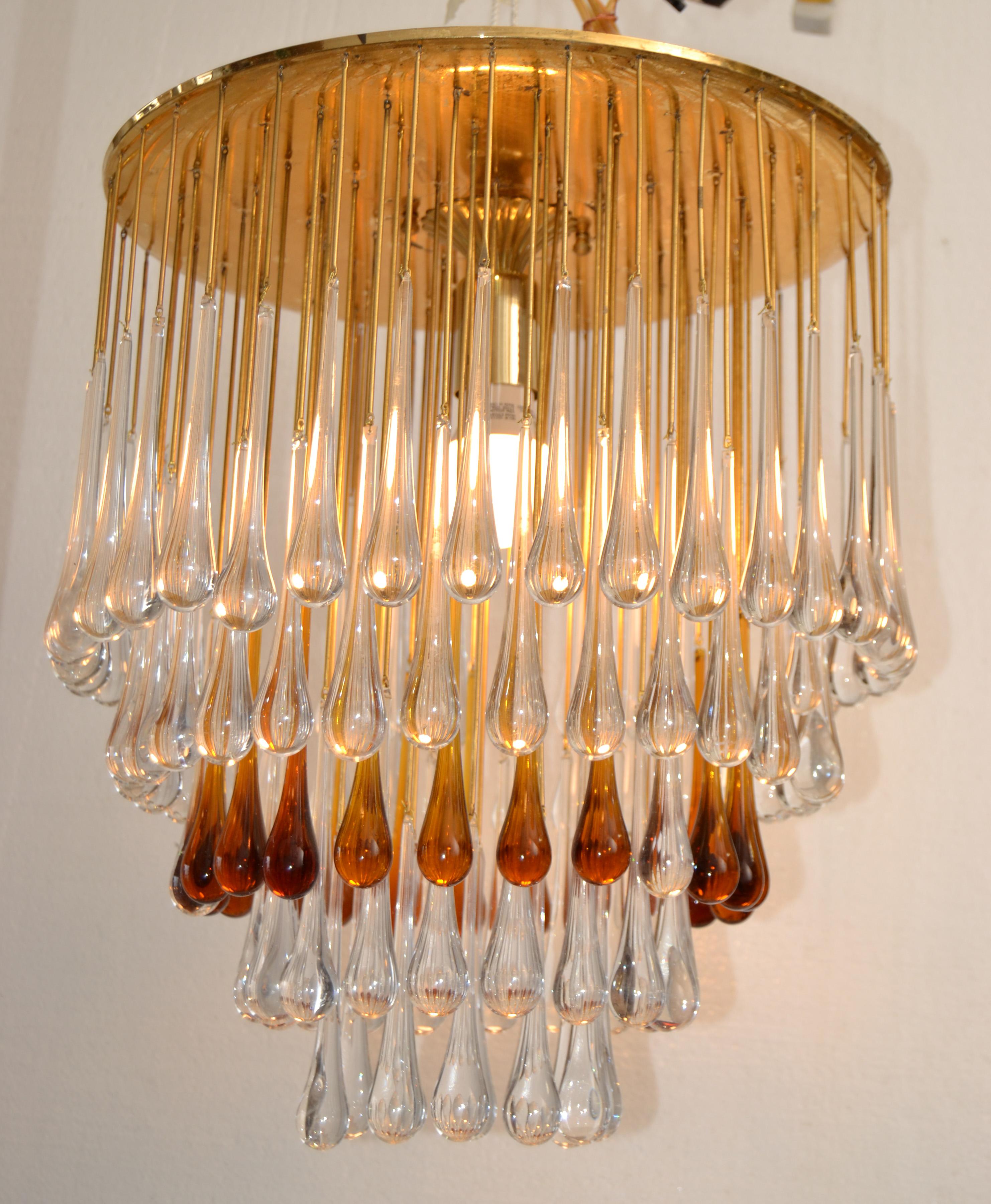 Art Deco French Gold Leaf Crystal Tear Drop Chandelier in Amber and Clear 1940 For Sale 3