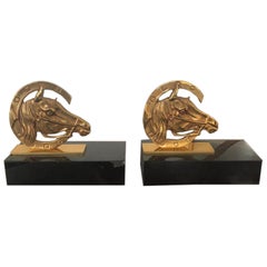 Art Deco French Golden Brass Horses in a Horseshoe on Marble Base Book-Ends