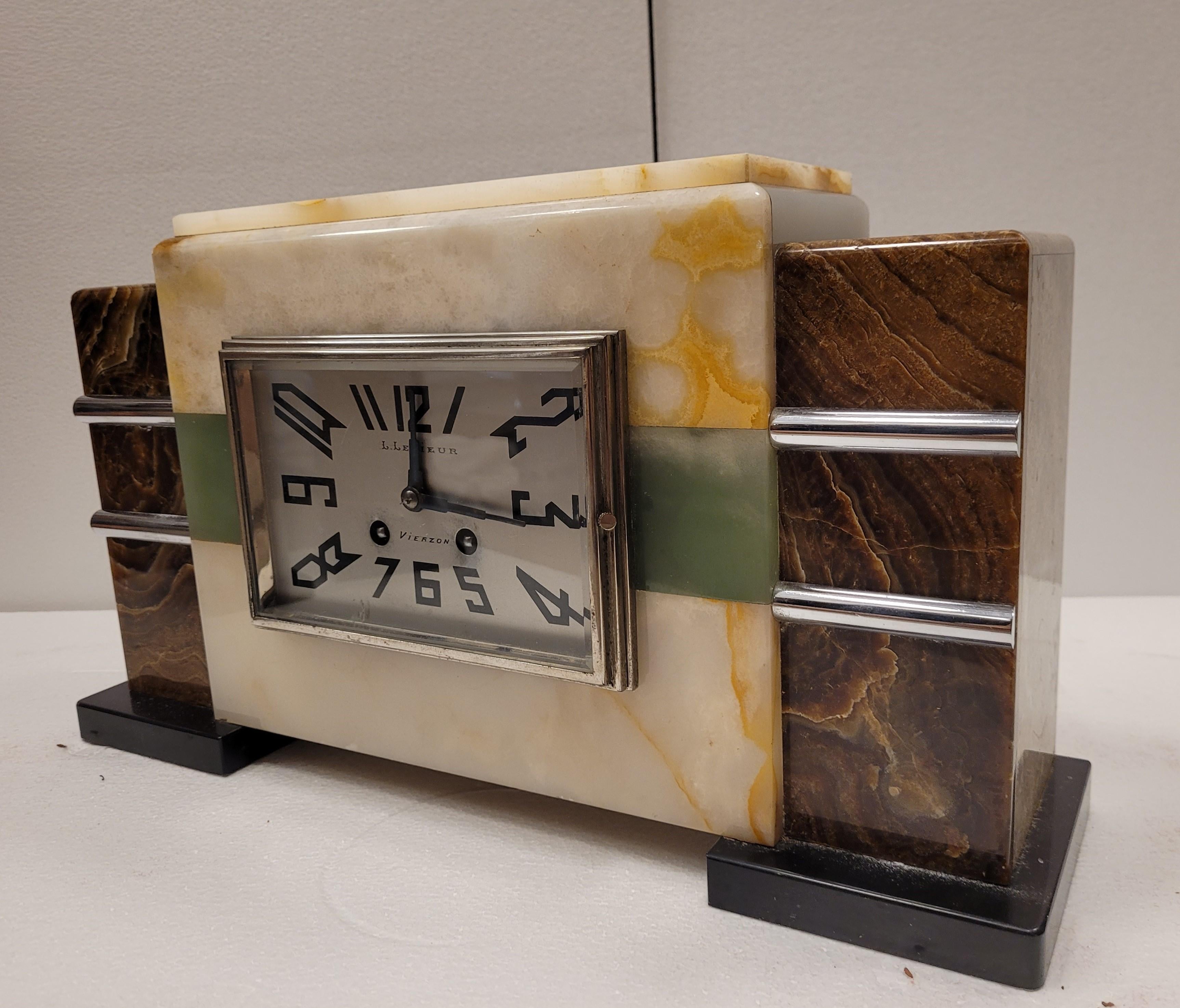 Art deco French Green brown  Marble MANTEL CLOCK , and set of 2 pieces 3