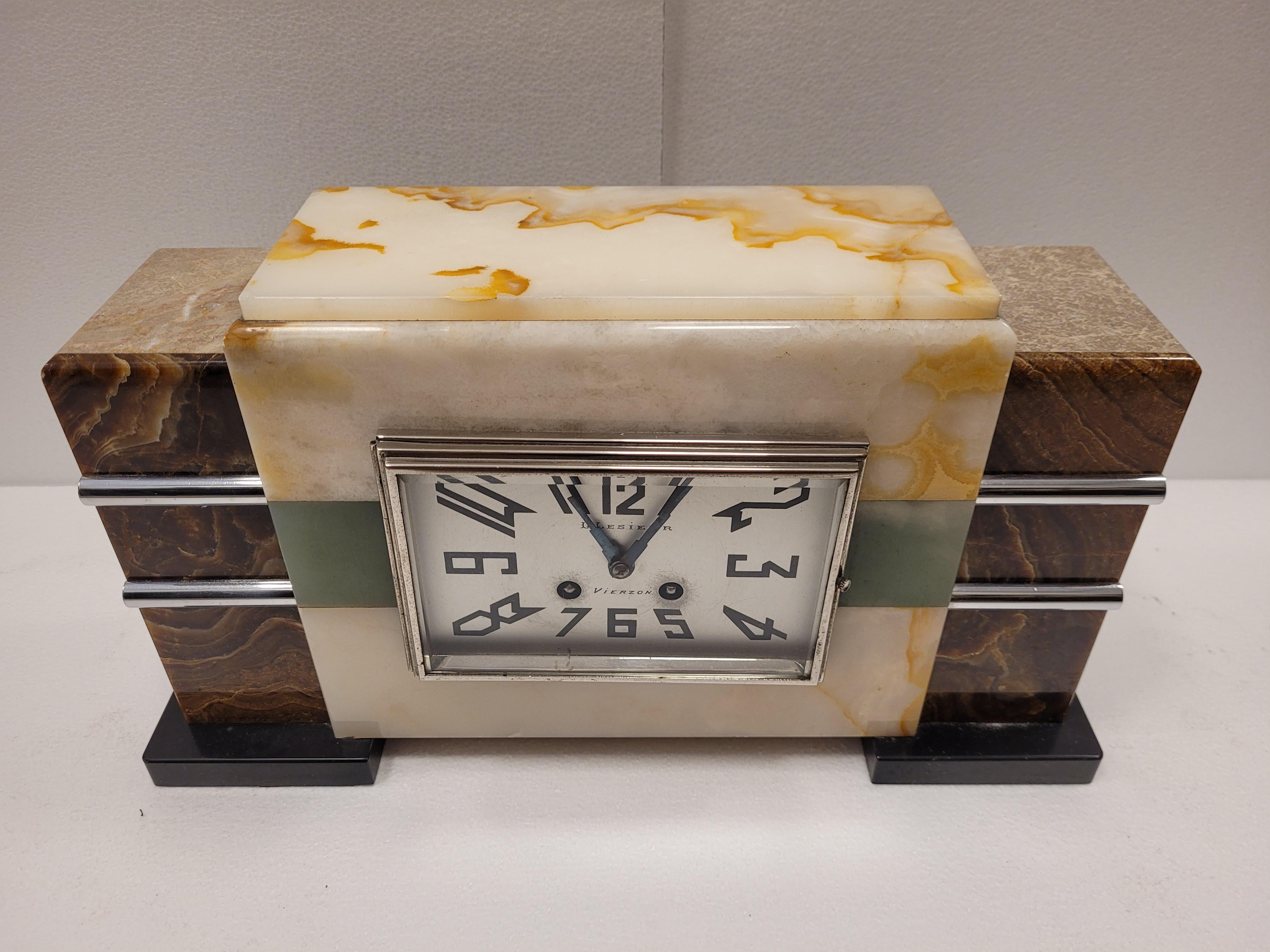 Mid-20th Century Art deco French Green brown  Marble MANTEL CLOCK , and set of 2 pieces
