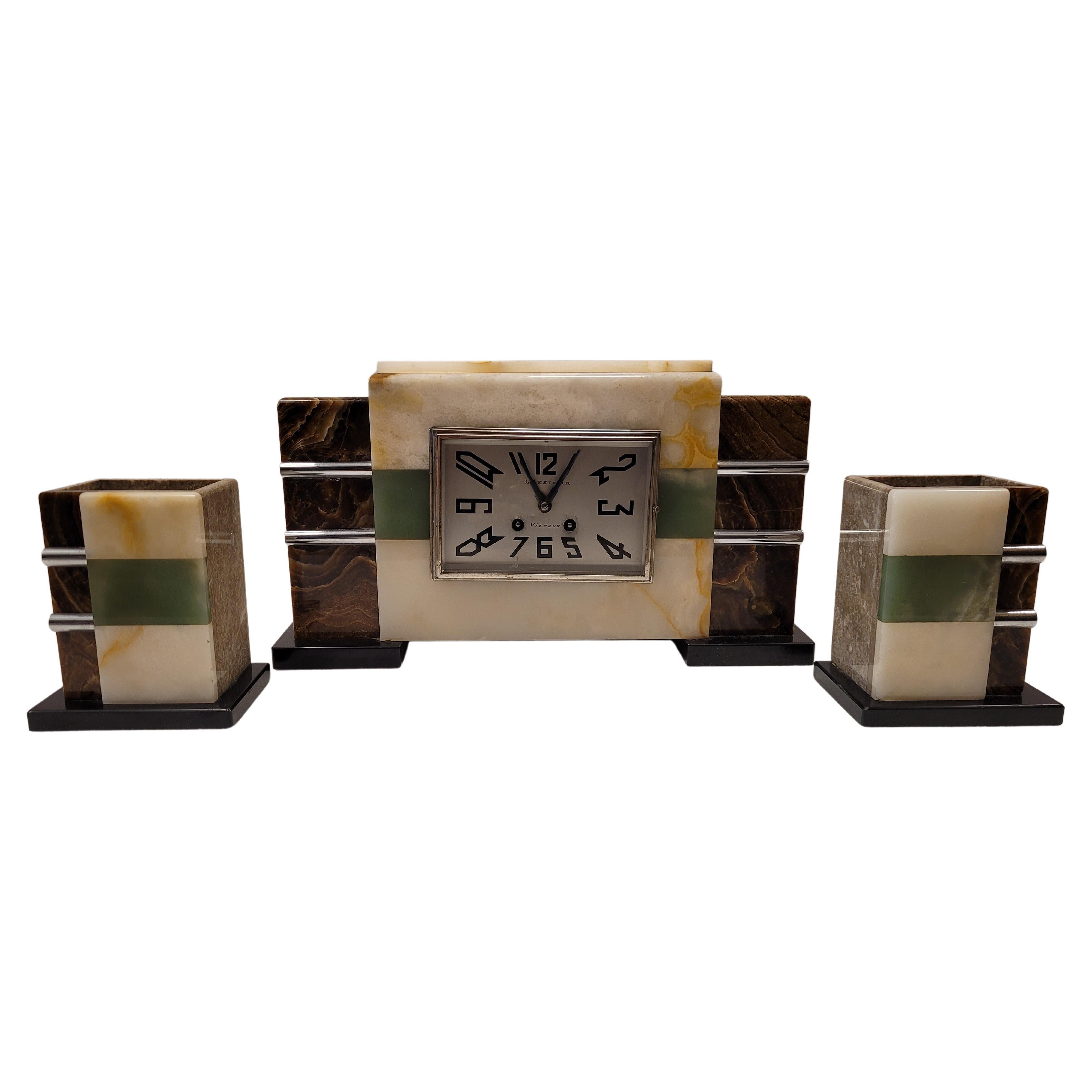 Art deco French Green brown  Marble MANTEL CLOCK , and set of 2 pieces