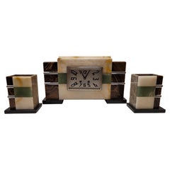 Art deco French Green brown  Marble MANTEL CLOCK , and set of 2 pieces