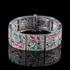 Art Deco French Green Pink Paste Bracelet Silver circa 1920 Boxed
