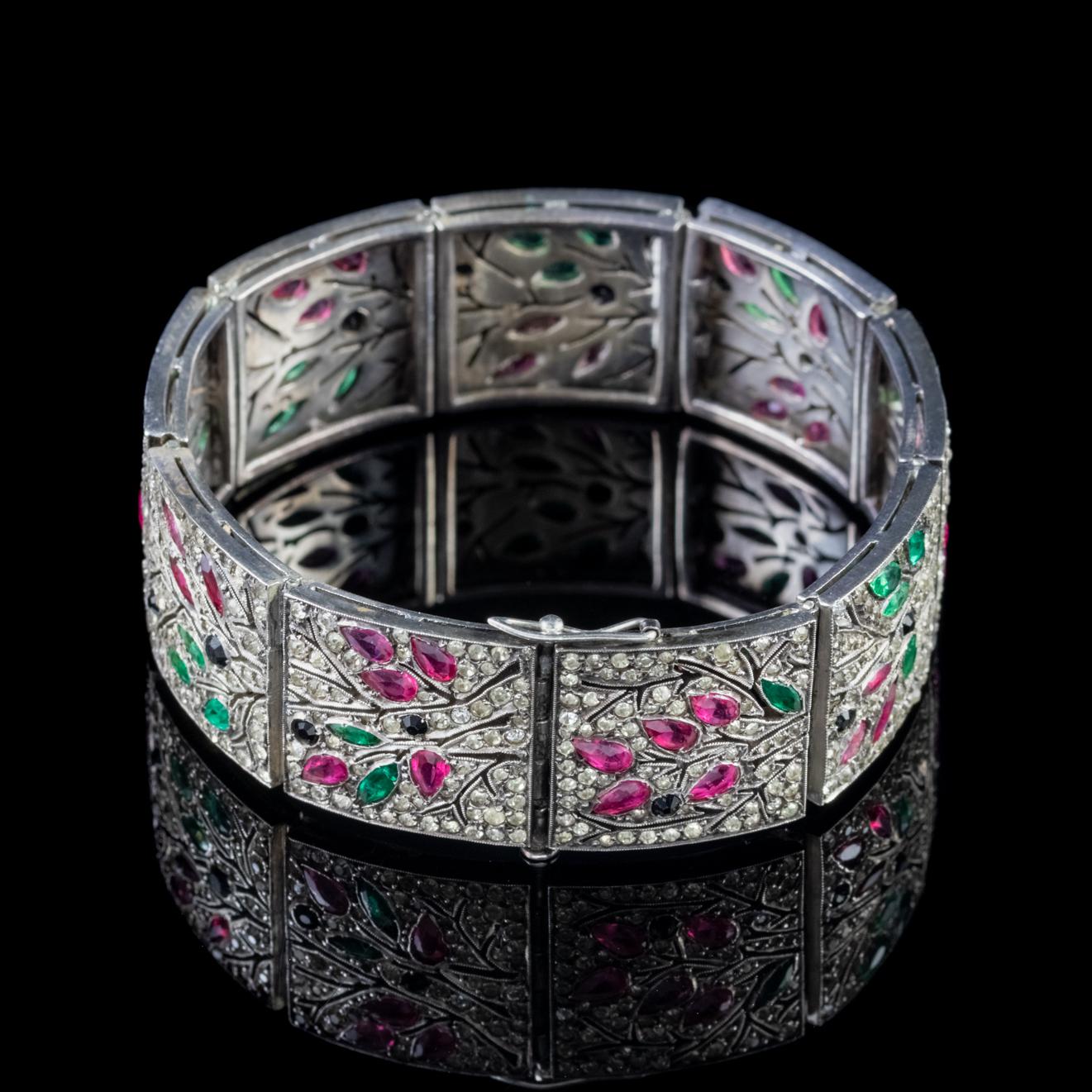 Art Deco French Green Pink Paste Bracelet Silver circa 1920 Boxed In Good Condition In Lancaster, Lancashire