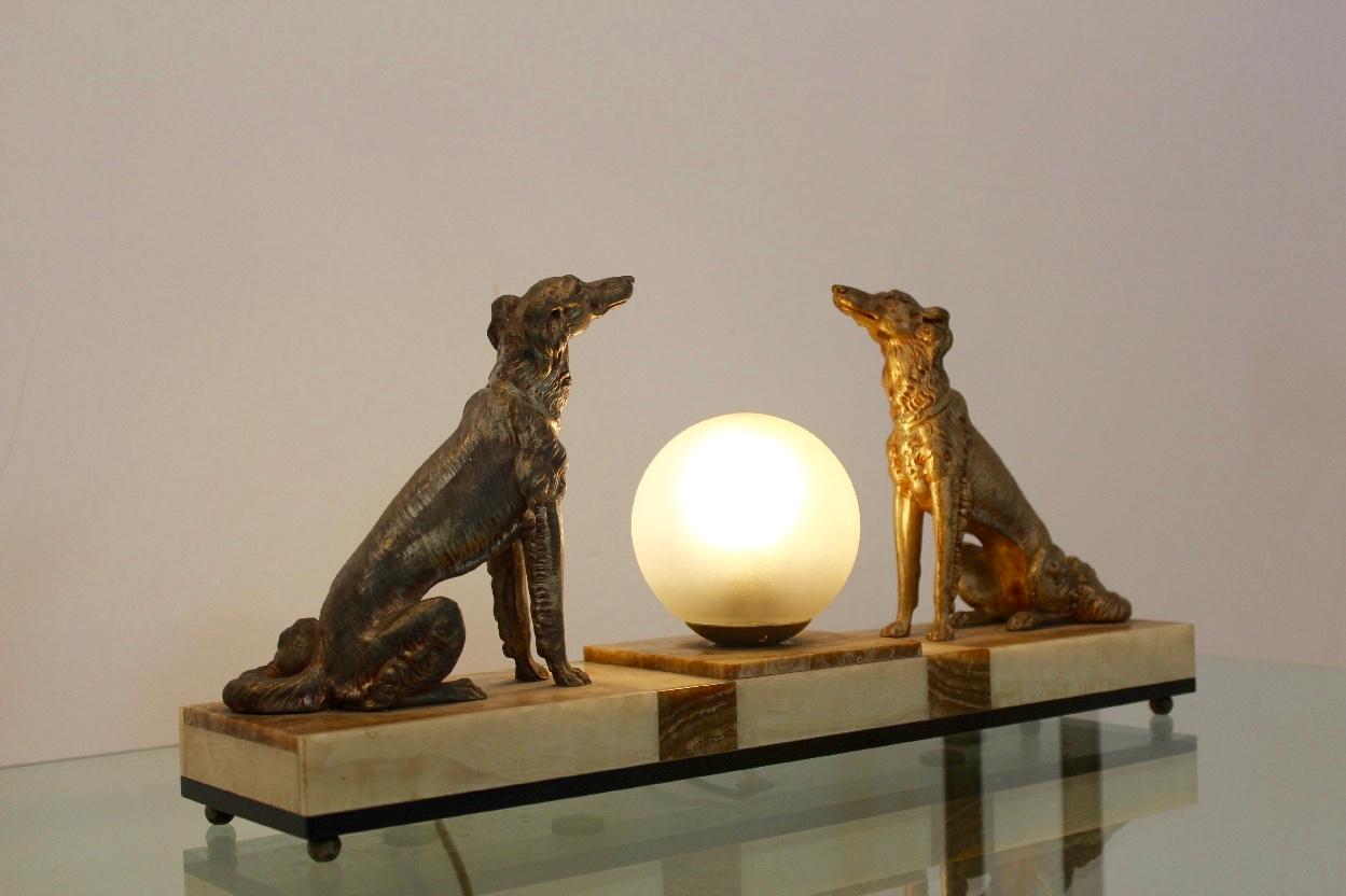 Brass Art Deco French Greyhound Sculpture Table Lamp