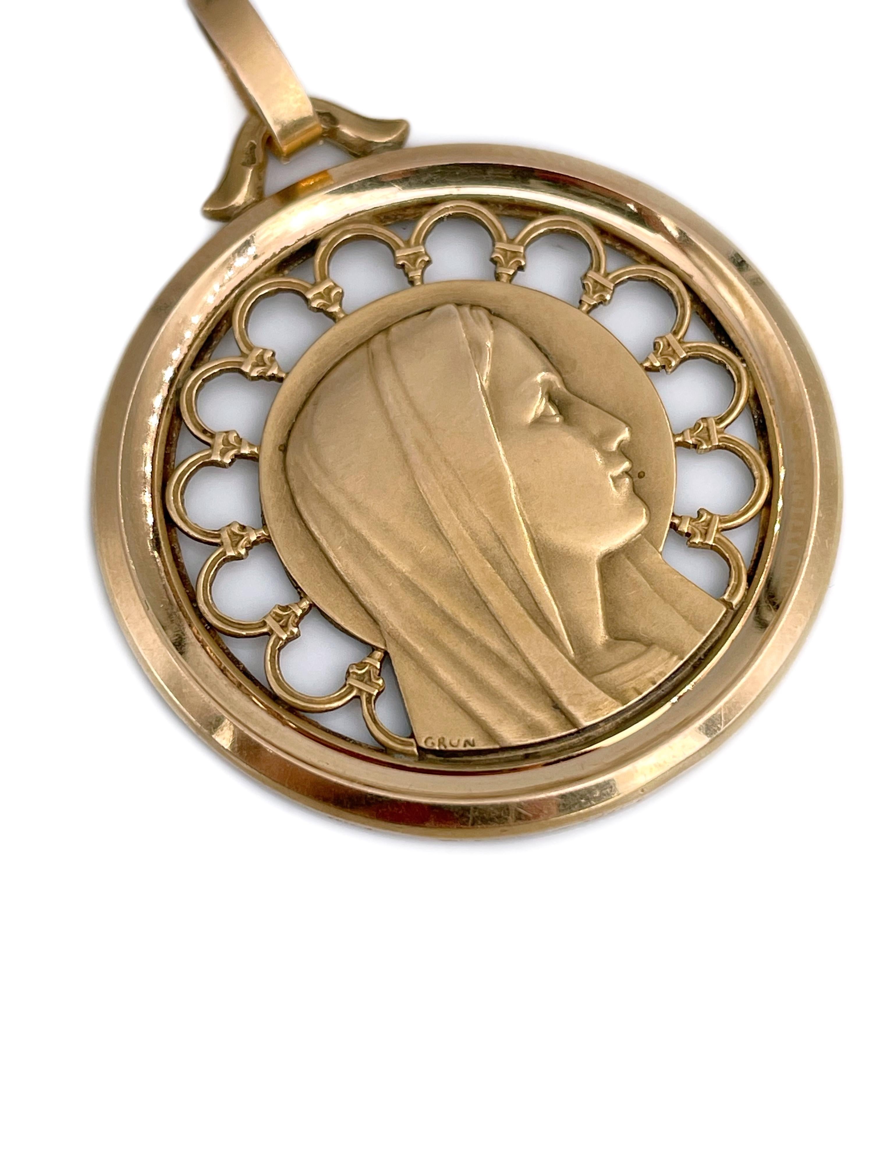 Art Deco French Grun 18 Karat Gold Virgin Mary Medal Pendant In Good Condition In Vilnius, Vilniaus apskr.
