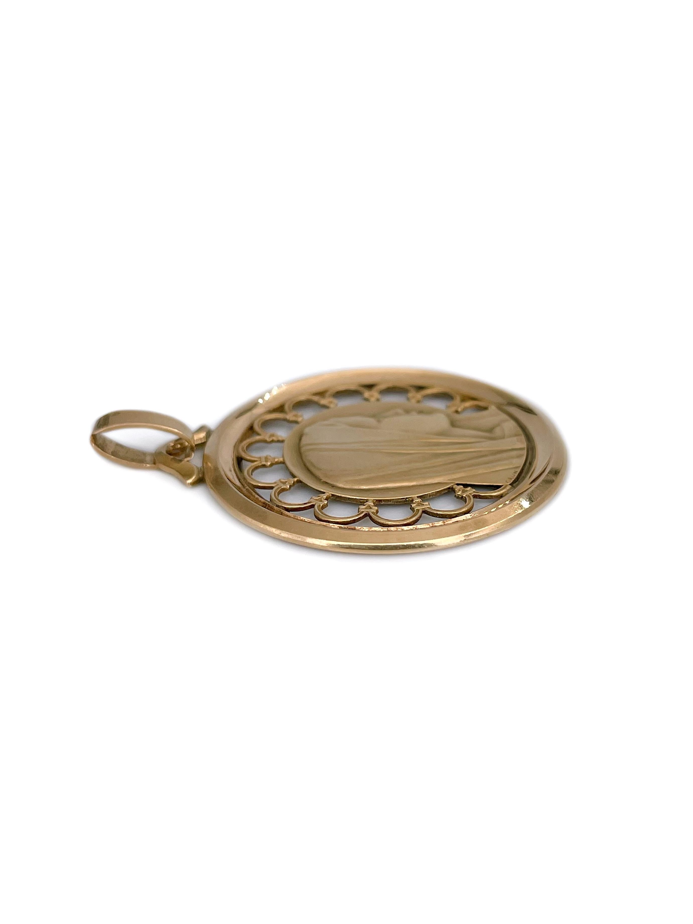 Women's Art Deco French Grun 18 Karat Gold Virgin Mary Medal Pendant