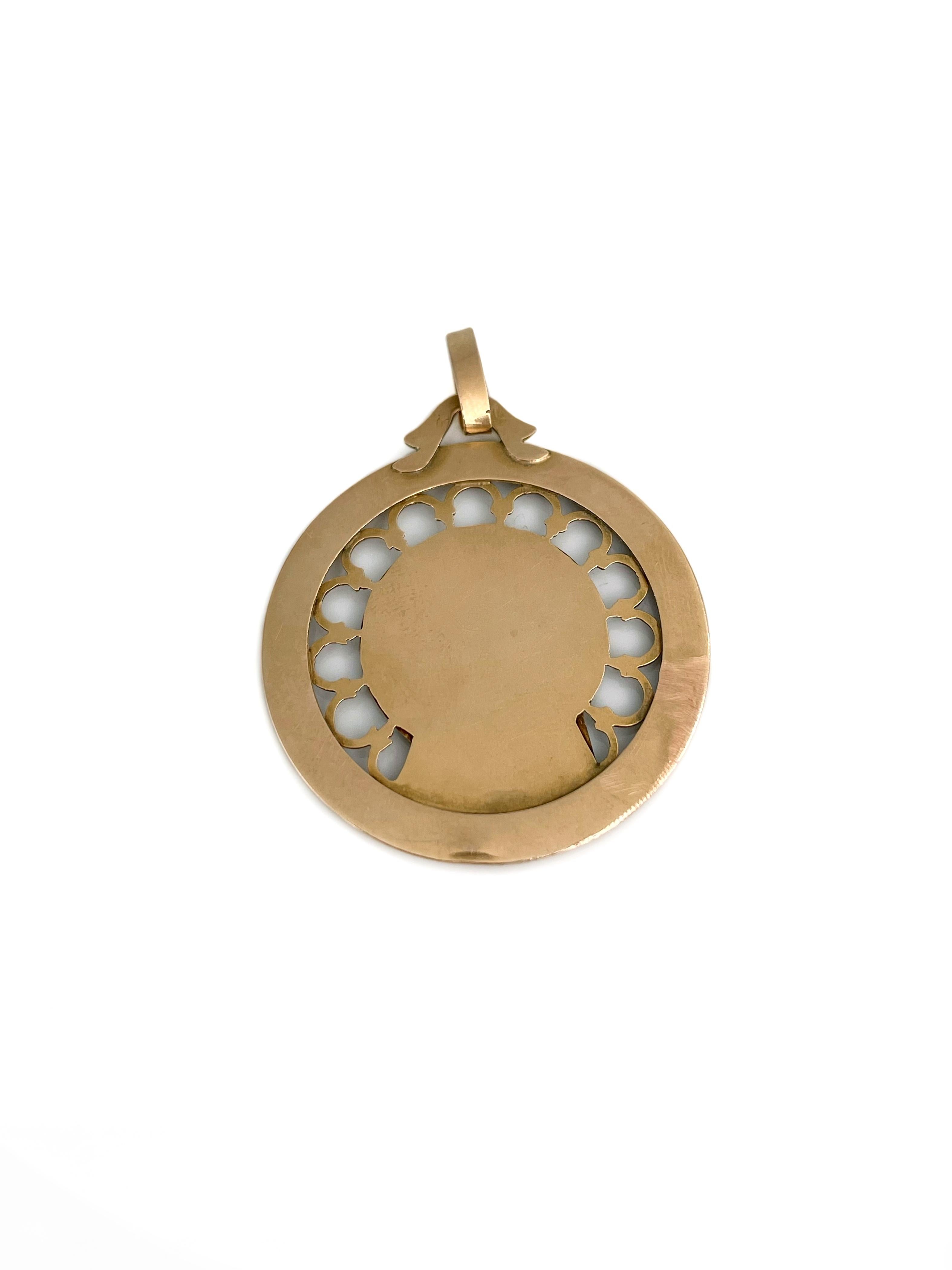 Art Deco French Grun 18 Karat Gold Virgin Mary Medal Pendant 1