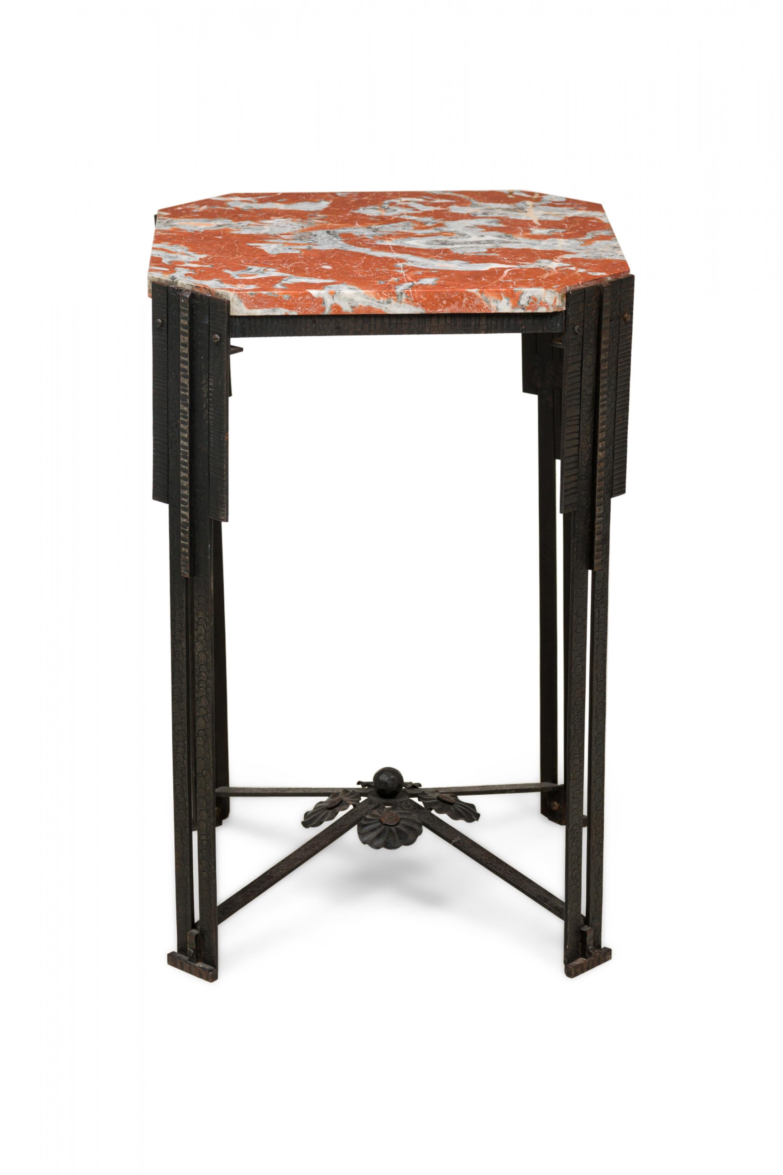 French Art Deco (1930s) end / side / occasional table with a hammered steel metal frame connected at the base by an \