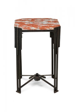 Art Deco French Hammered Steel and Blush Marble-Top Table