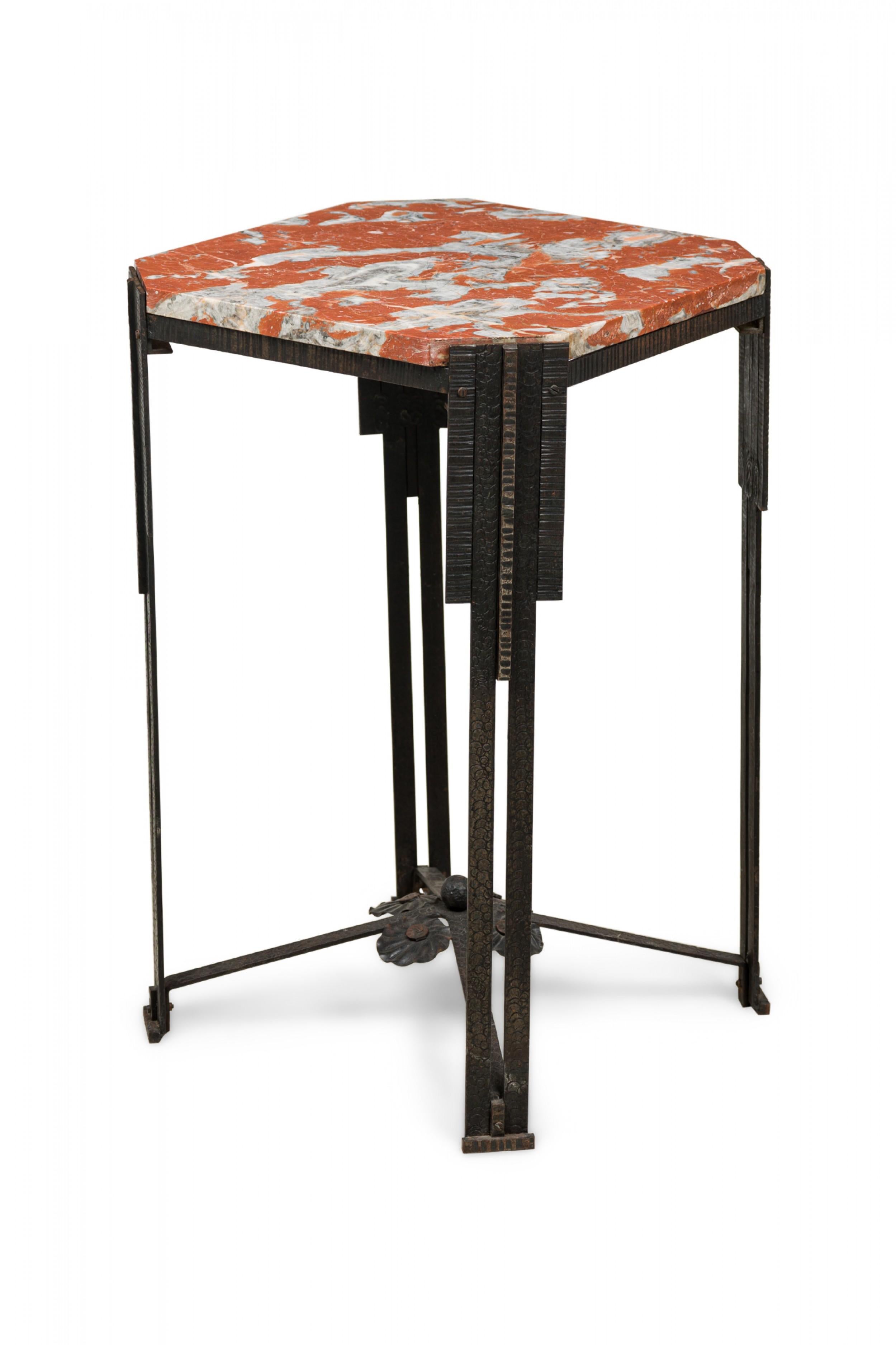 20th Century Art Deco French Hammered Steel and Blush Marble-Top Table For Sale