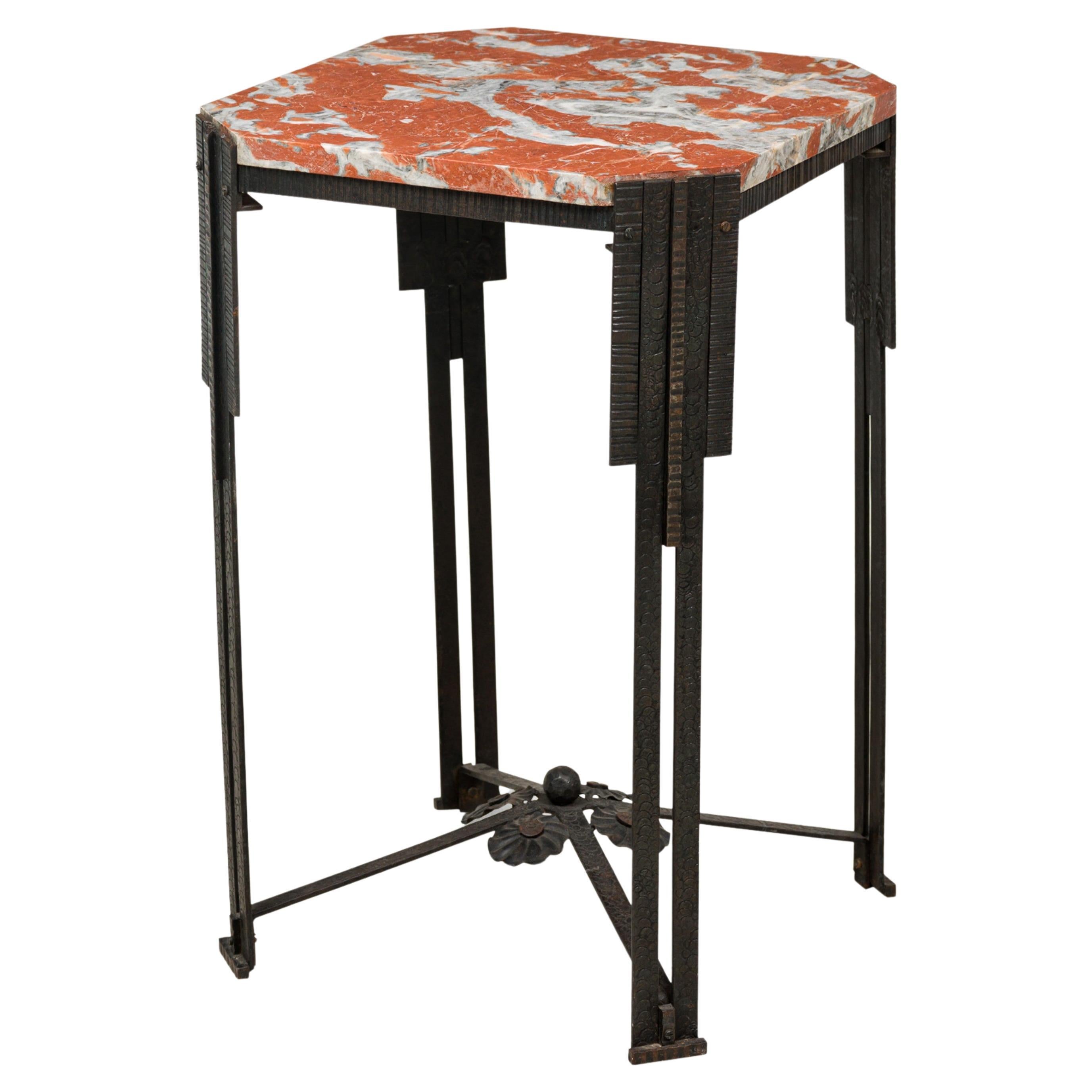 Art Deco French Hammered Steel and Blush Marble-Top Table For Sale