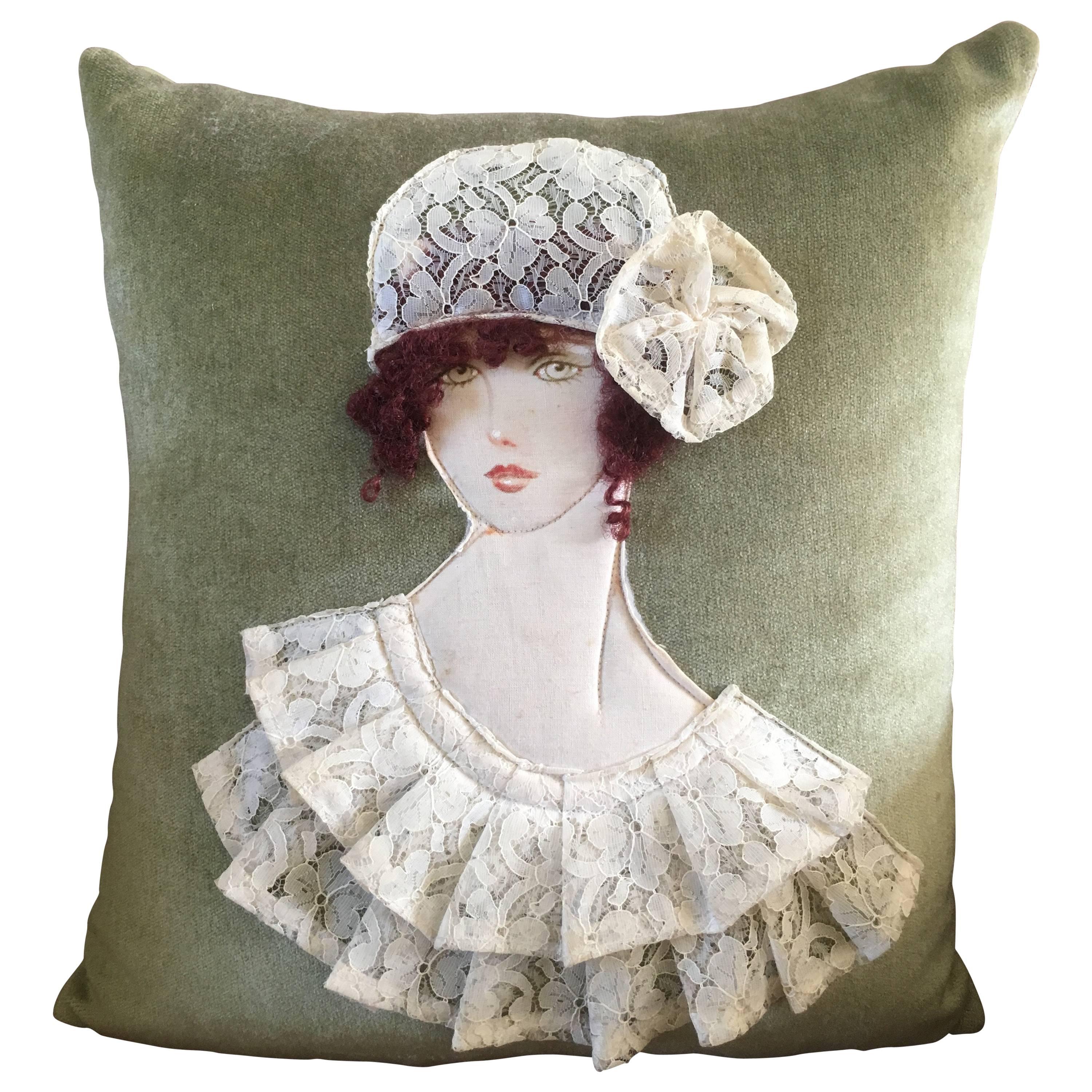 Art Deco French Handwoven Art Cushion Pillow, 1920s Woman Decor, Velvet Lace For Sale
