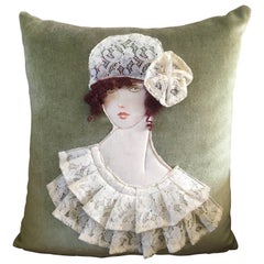 Antique Art Deco French Handwoven Art Cushion Pillow, 1920s Woman Decor, Velvet Lace