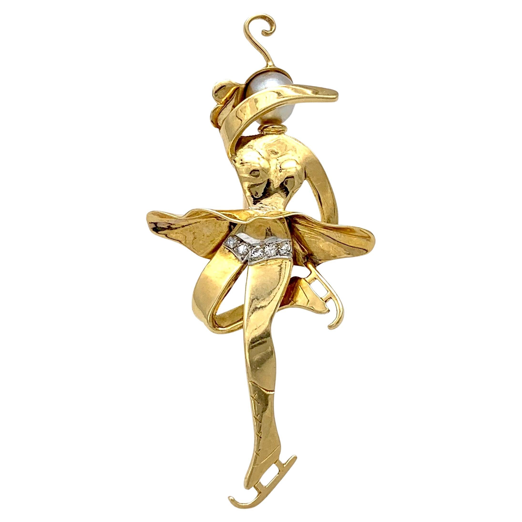 Art Deco French Ice Skater Dress Clip 18 Karat Gold Pearl Platinum Diamonds 