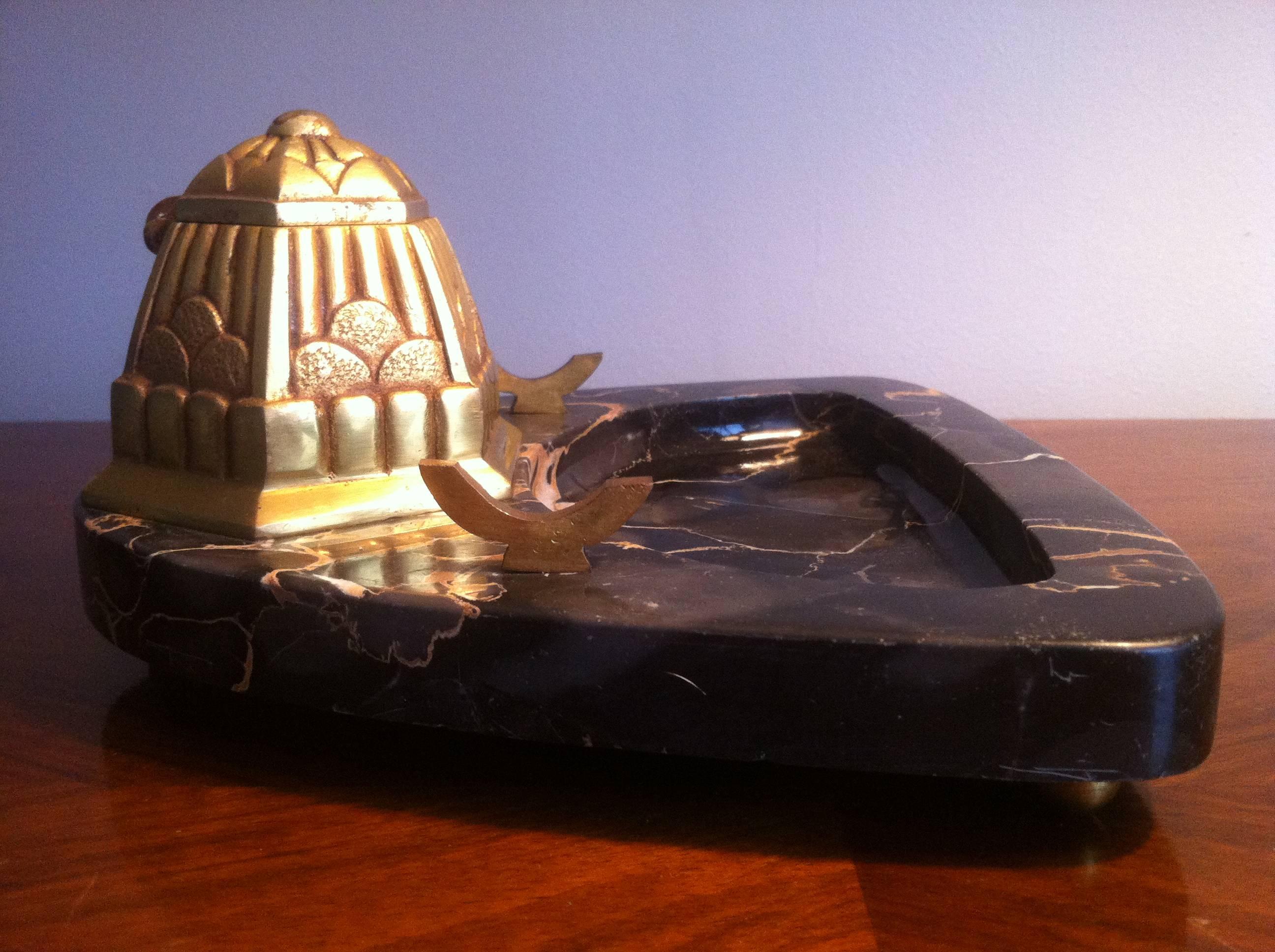 Art Deco French Inkwell, Bronze and Portor Marble, France, 1920 For Sale 3