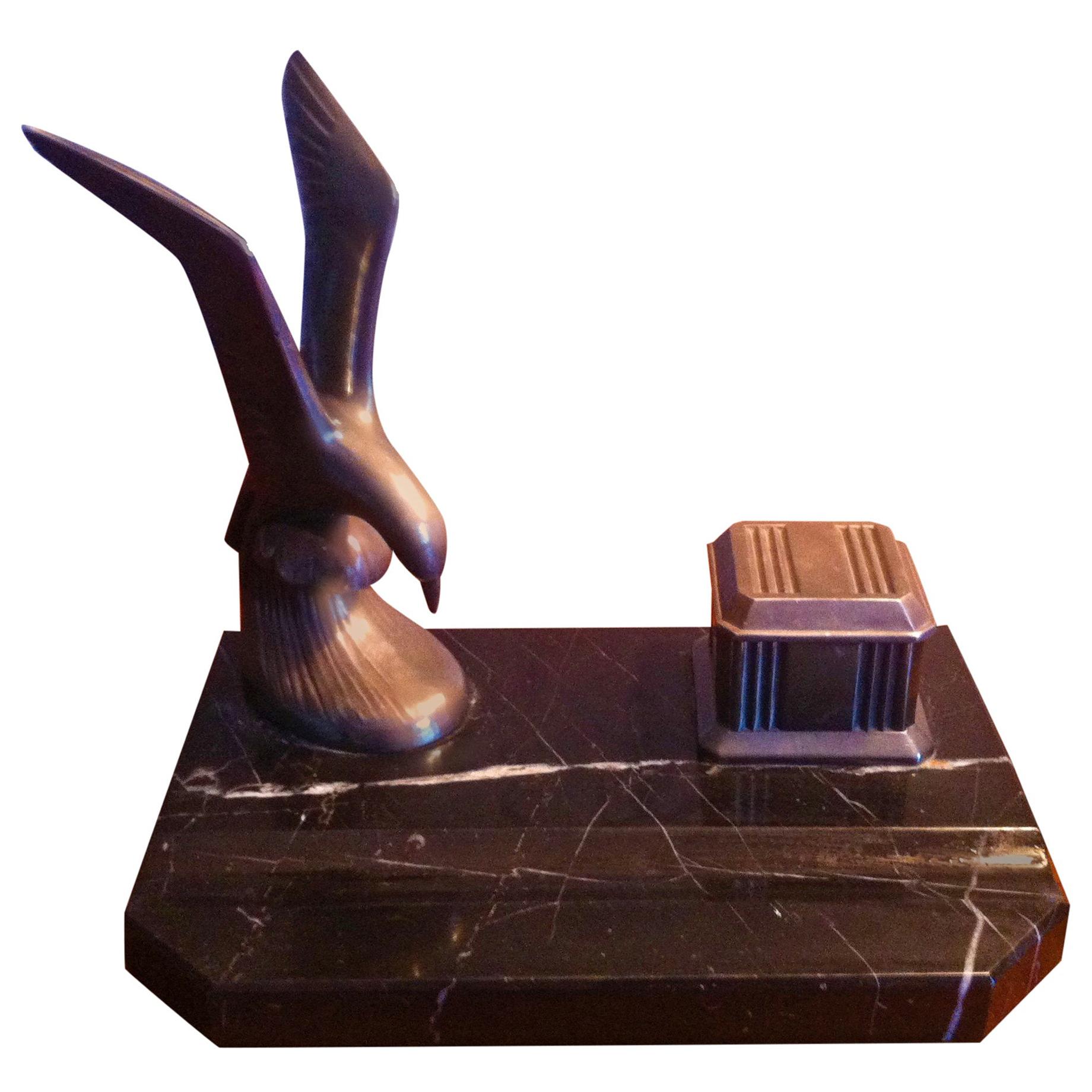 Art Deco French Inkwell in Black and White Marble and Bird Sculpture For Sale