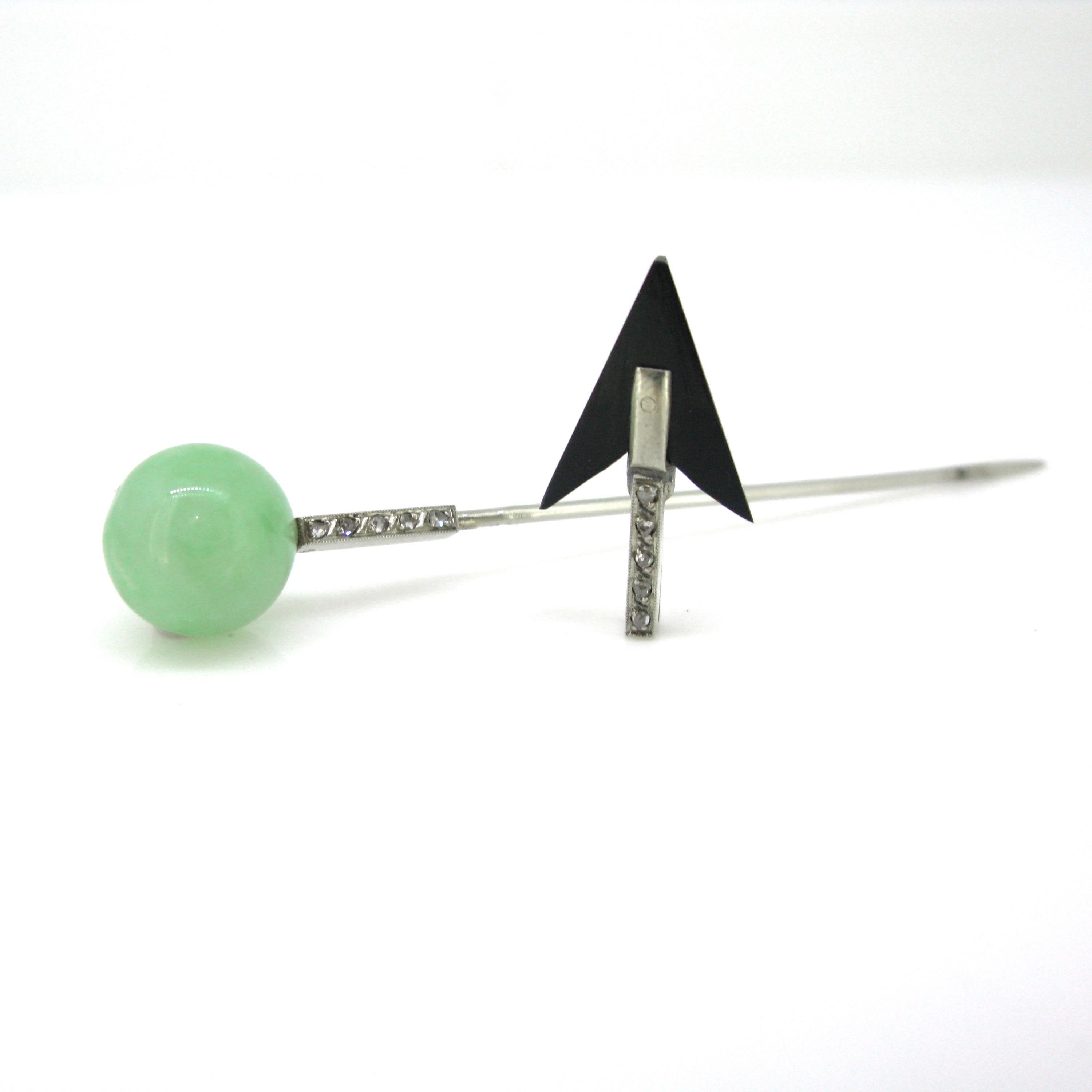 Art Deco French Jade Rose Cut Diamonds White Gold Stickpin In Good Condition In London, GB