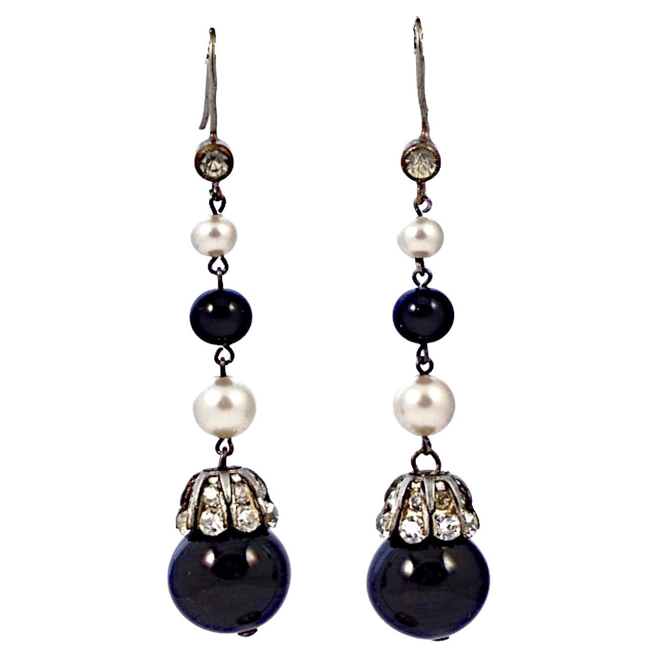 Art Deco French Jet and Faux Pearl Rhinestone Drop Earrings circa 1930s For Sale