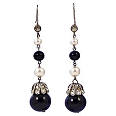 Art Deco French Jet and Faux Pearl Rhinestone Drop Earrings circa 1930s