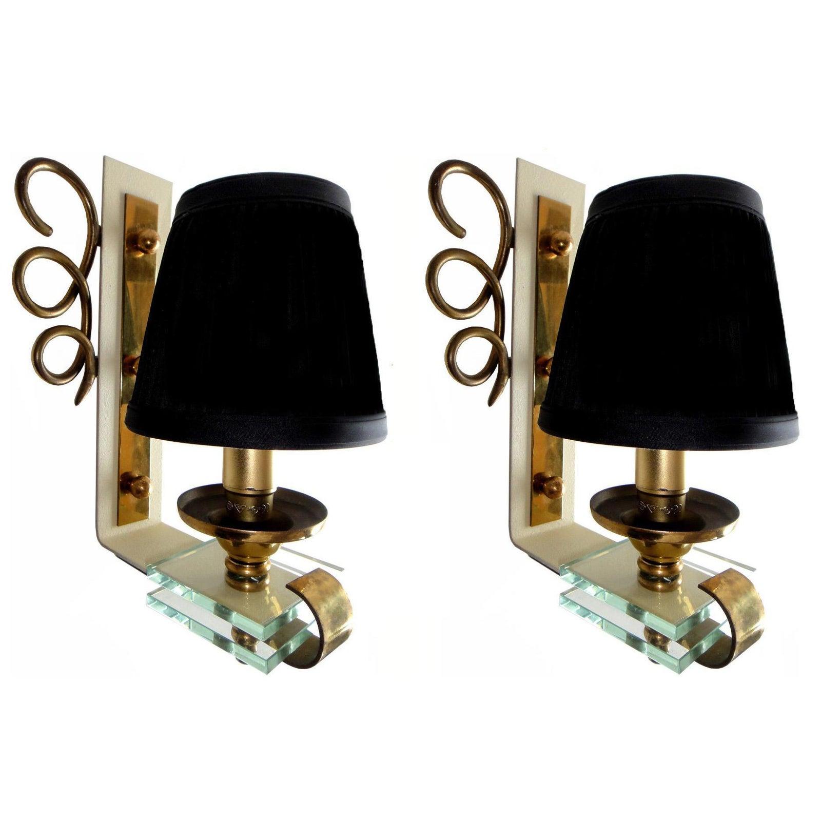 Metal Art Deco French Jules Leleu style Sconces Brass & Crystal, Pair For Sale