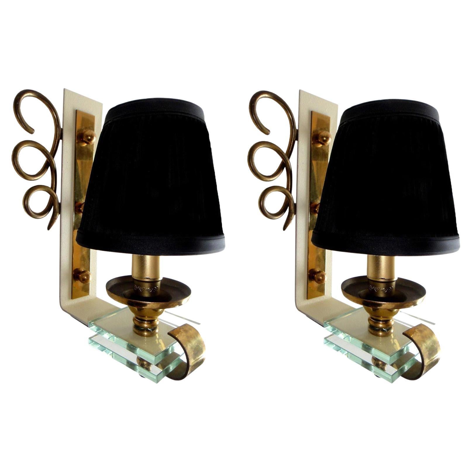 Art Deco French Jules Leleu style Sconces Brass & Crystal, Pair For Sale