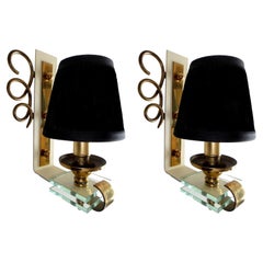 Art Deco French Jules Leleu style Sconces Brass & Crystal, Pair