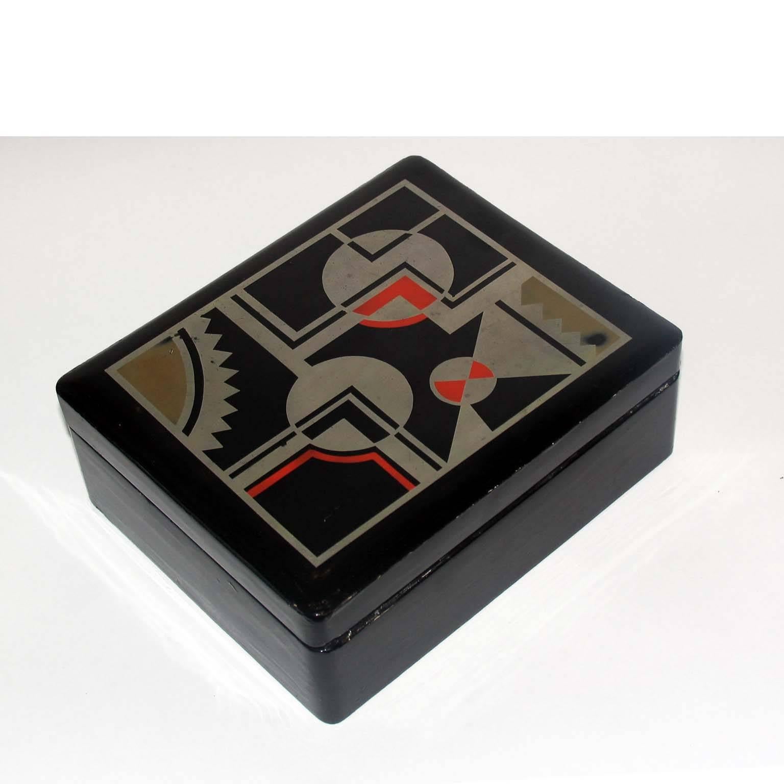 Mid-20th Century Art Deco French Lacquered Box, Jewelry Box, Geometric Decor