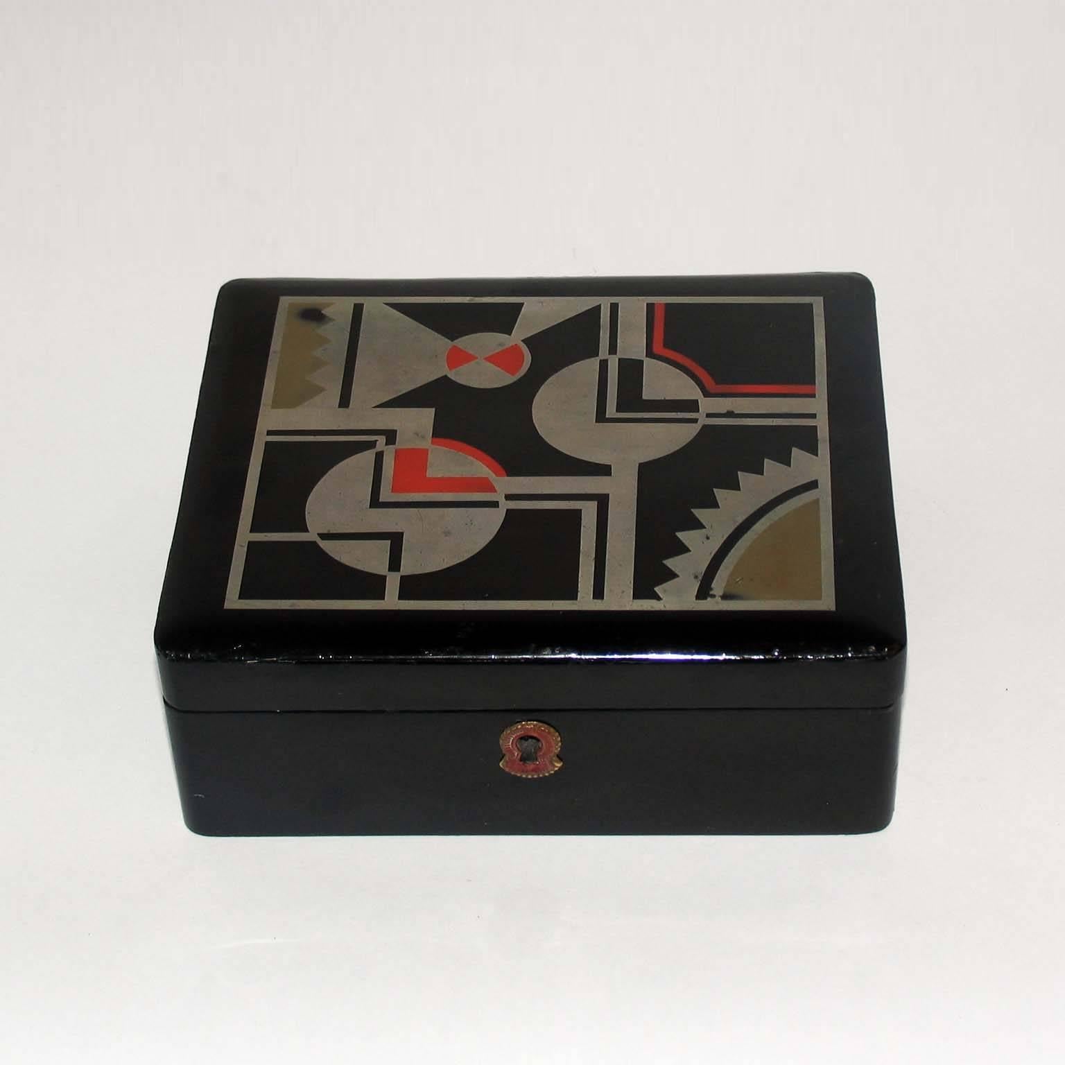 Wood Art Deco French Lacquered Box, Jewelry Box, Geometric Decor