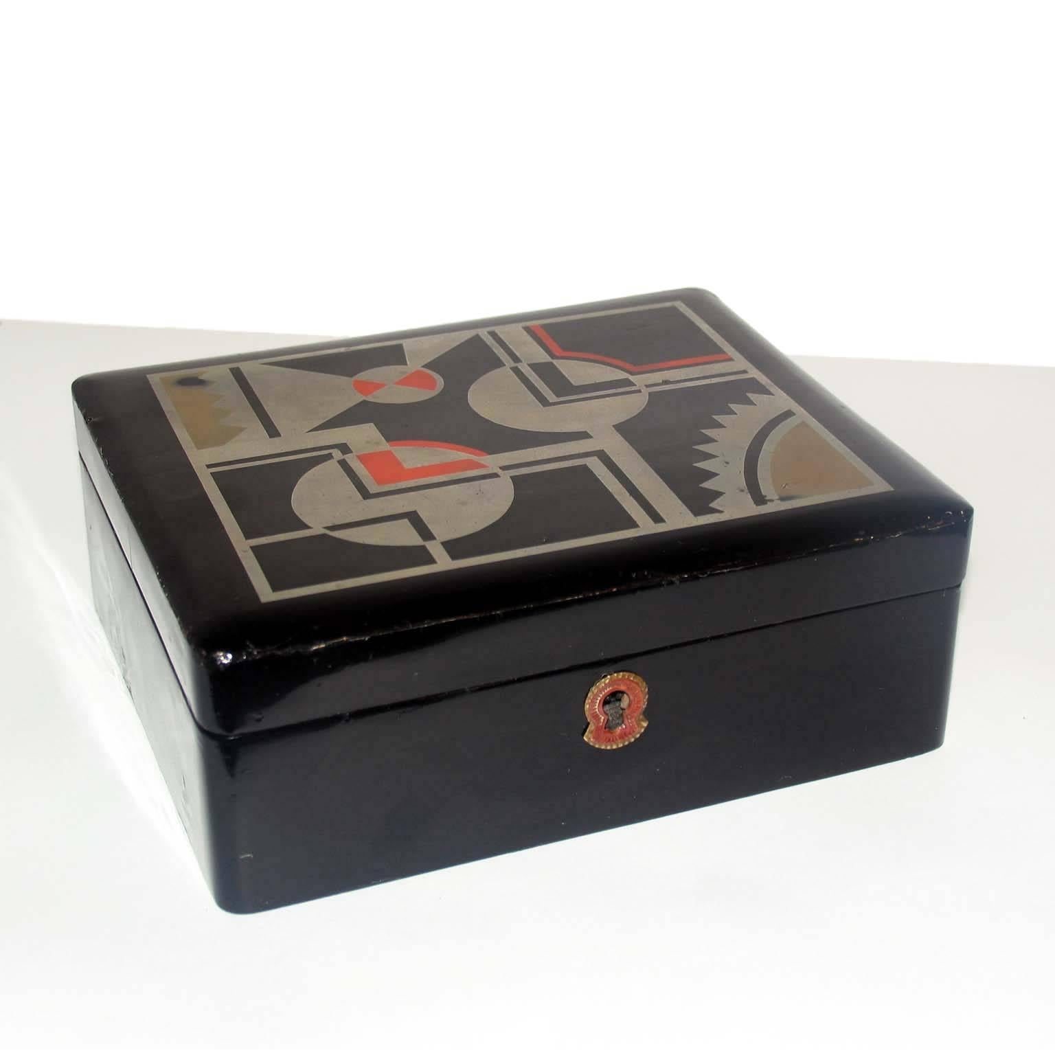 Art Deco French Lacquered Box, Jewelry Box, Geometric Decor 1