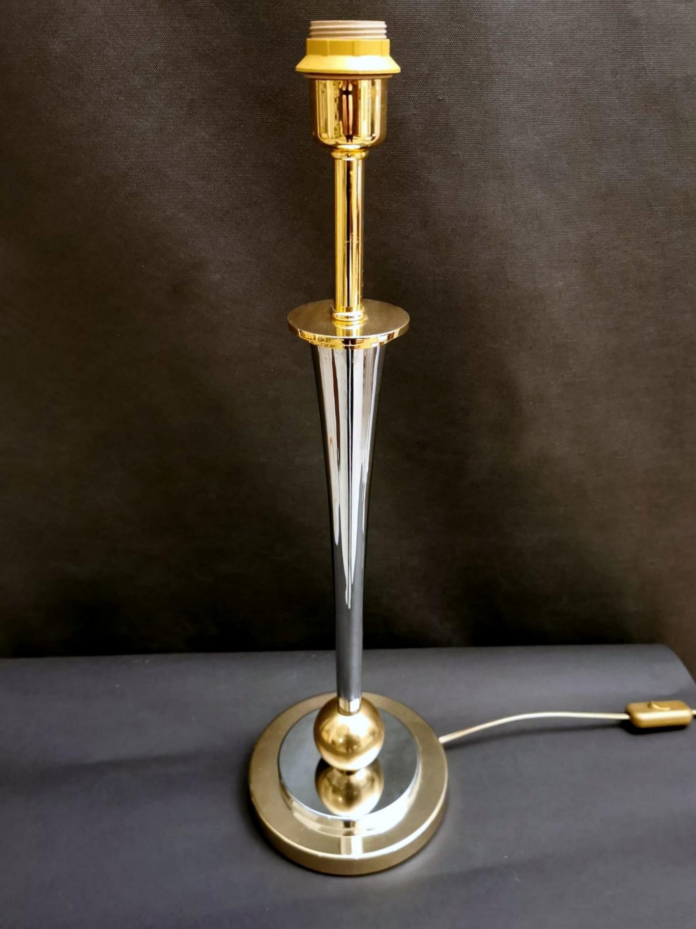 Polished Art Deco French Lamp Mazda Style in Nickel and Golden Brass 'Without Lampshade' For Sale