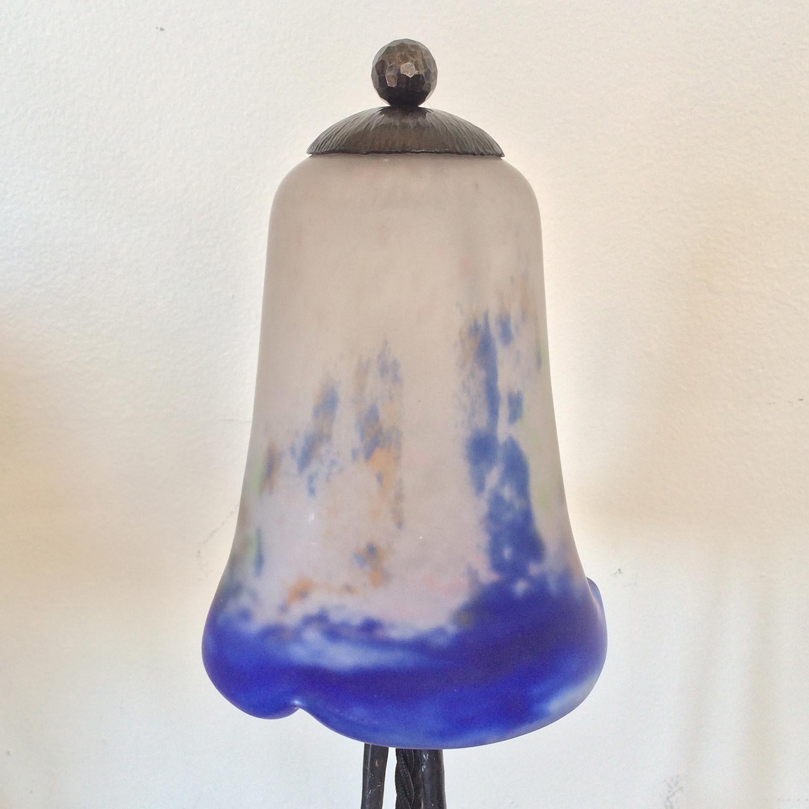 Early 20th Century Art Deco French Lamp with Hand-Forged Base and Degué Shade