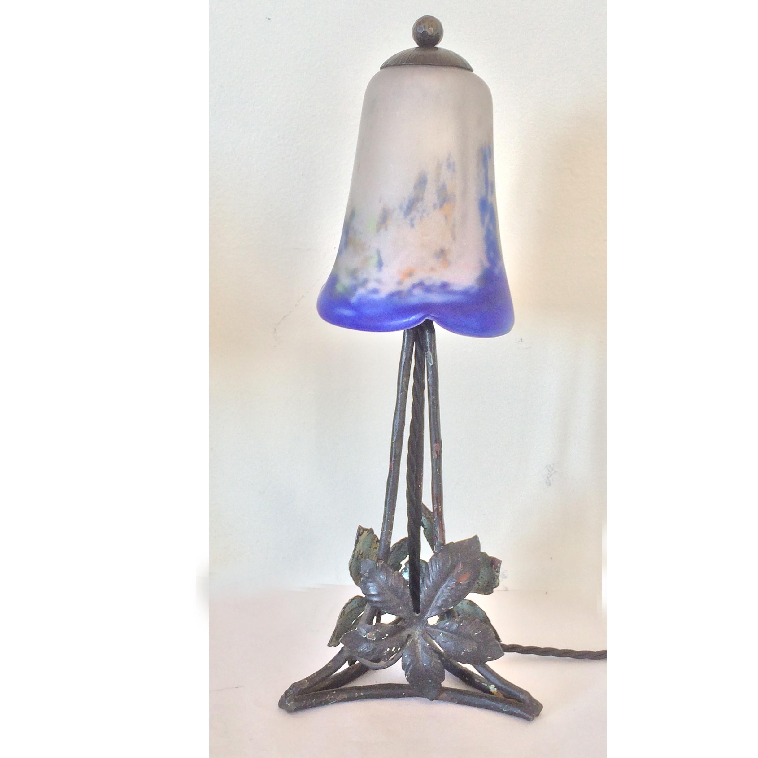 Art Deco French Lamp with Hand-Forged Base and Degué Shade 1