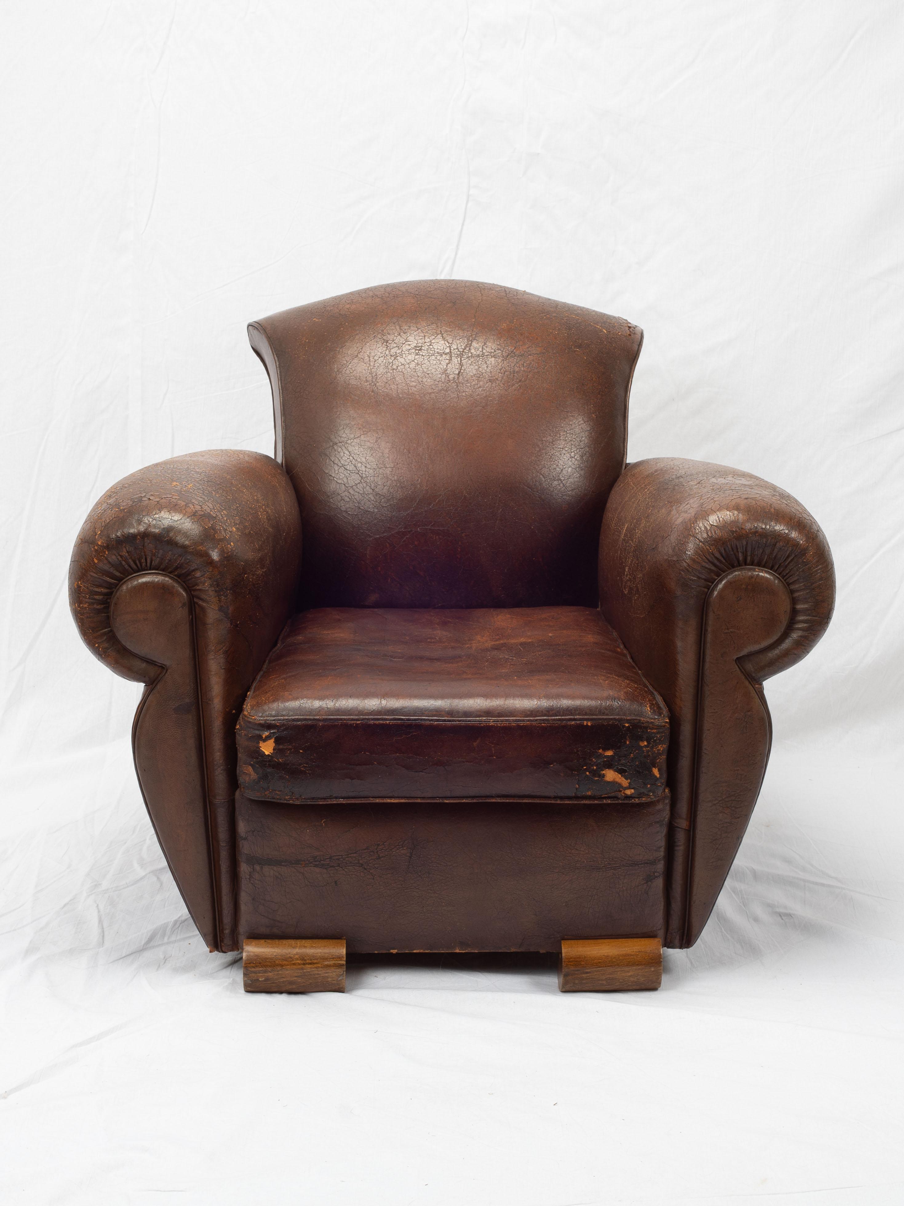 Art Deco French Leather Club Chair In Good Condition For Sale In Fort Collins, CO