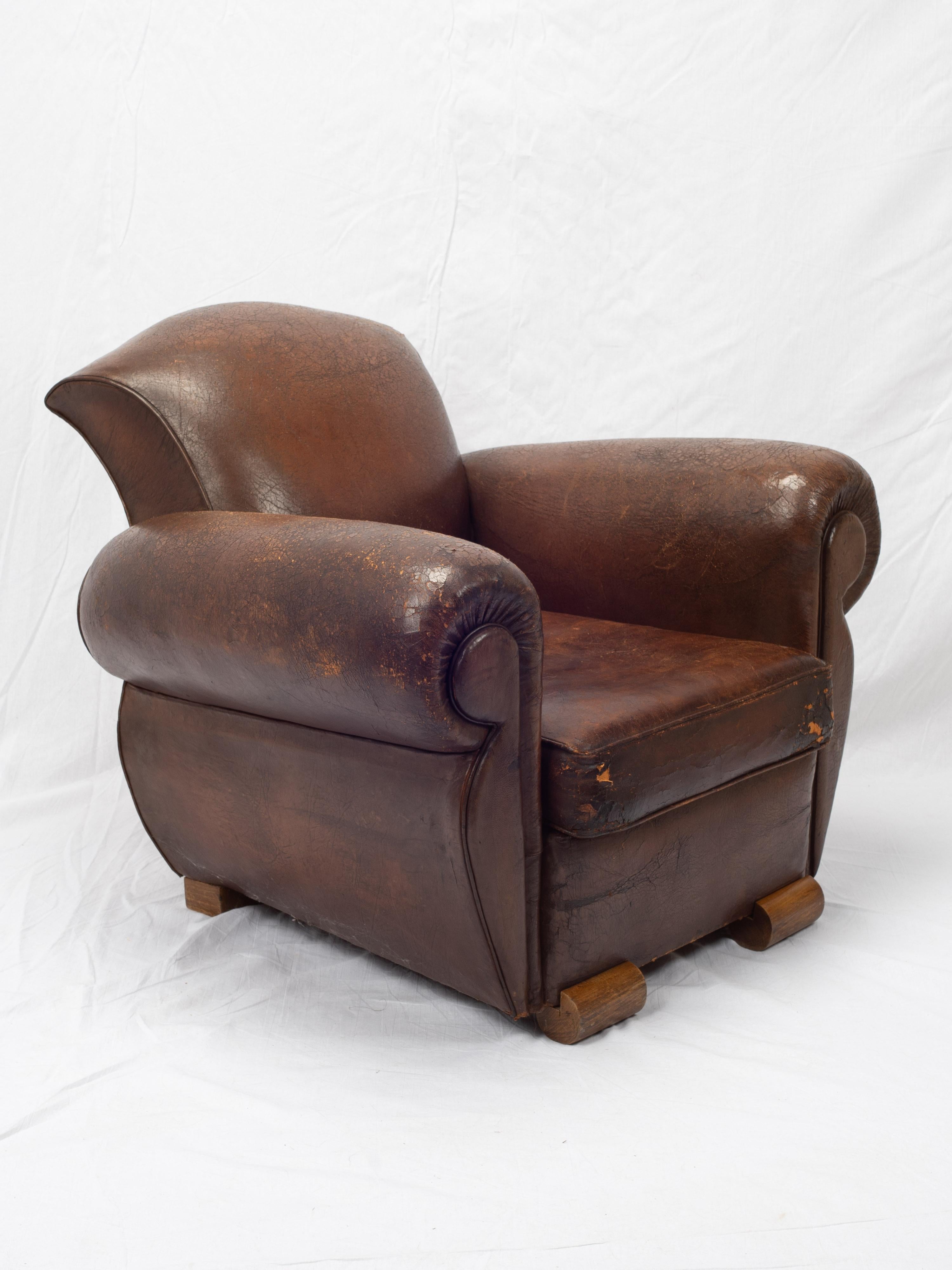 19th Century Art Deco French Leather Club Chair For Sale