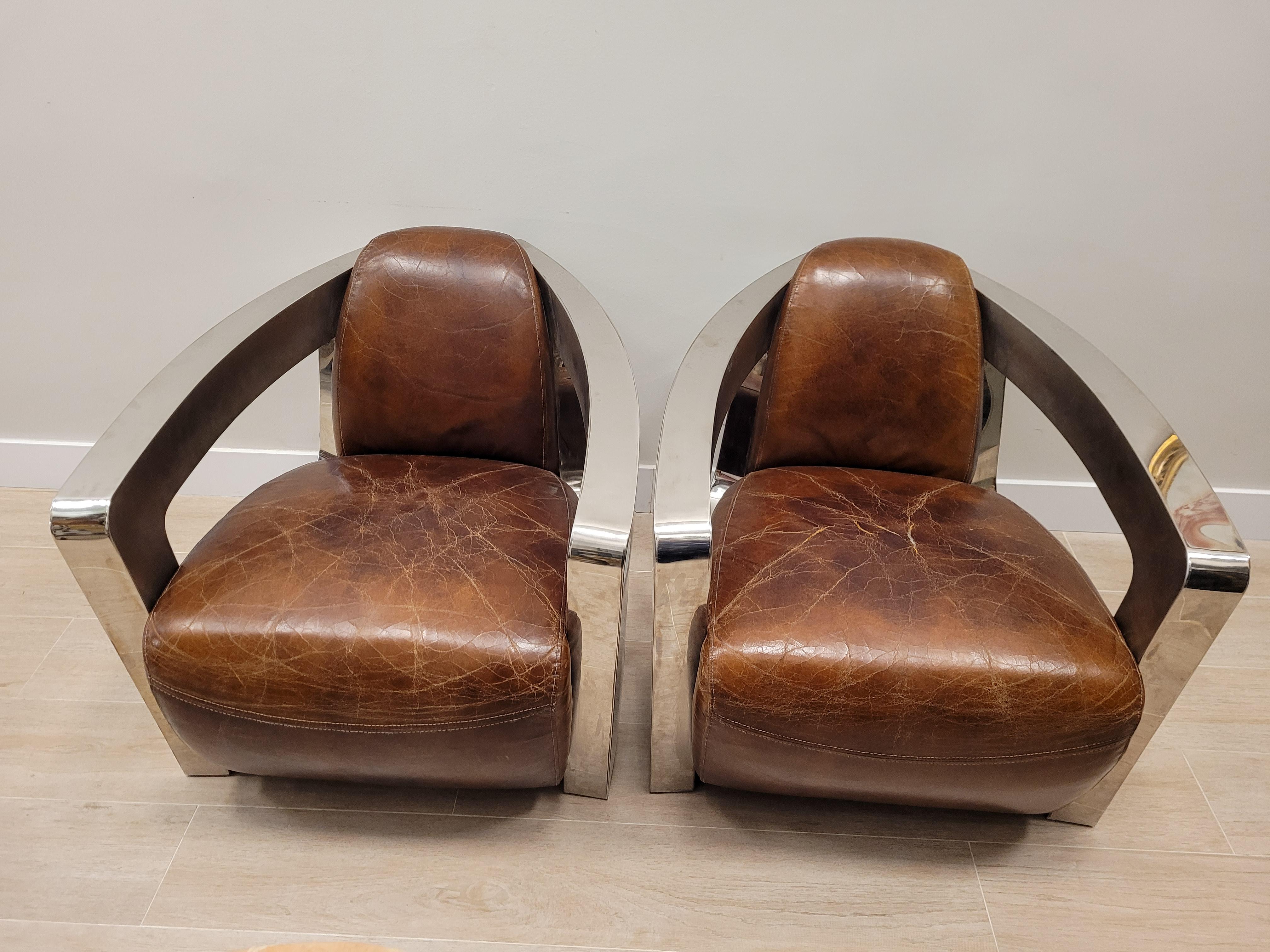Hand-Crafted Art Deco French Leather Brown  Club Pair of Armchairs, Steel, Aviator Model