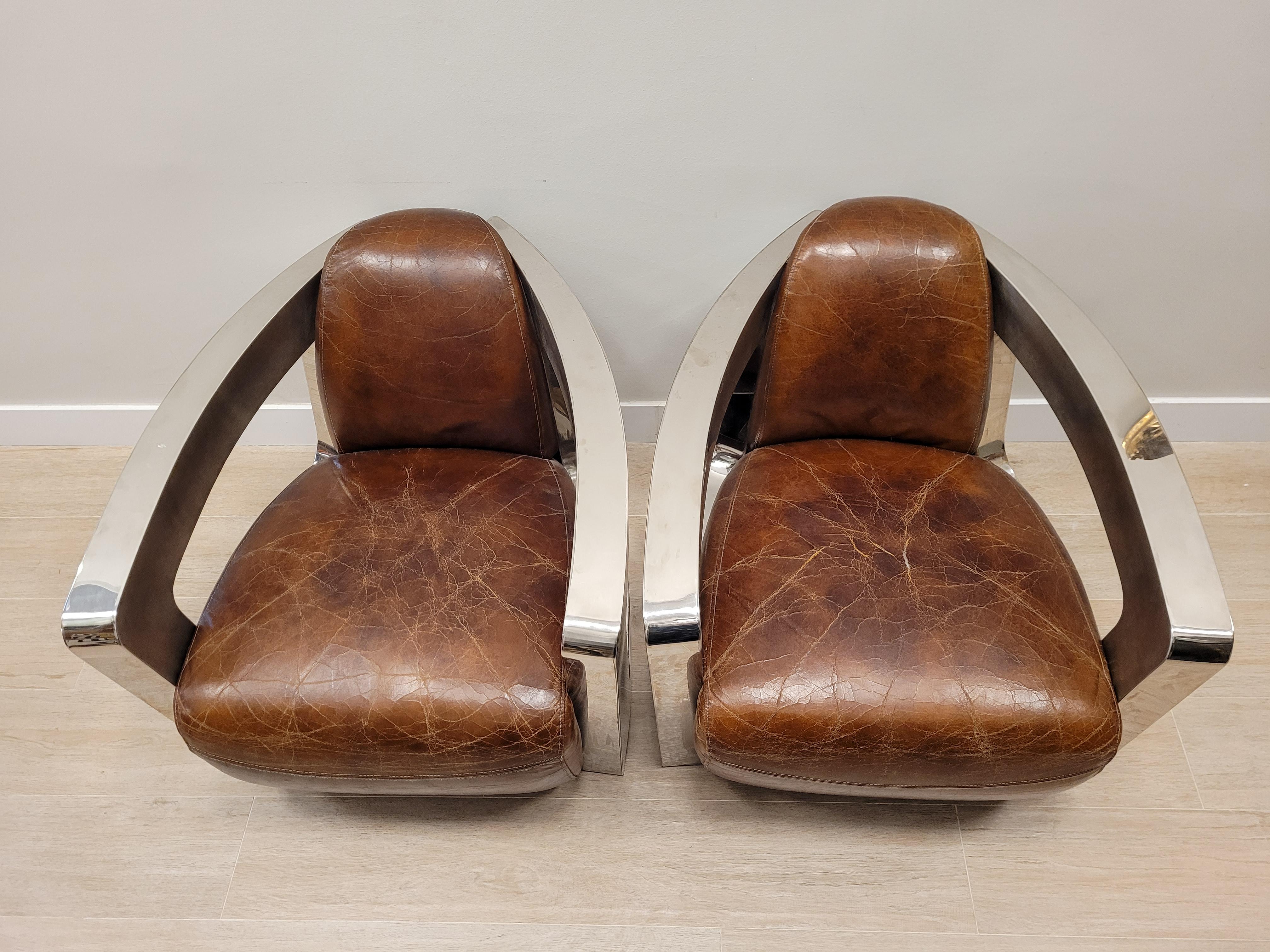 Art Deco French Leather Brown  Club Pair of Armchairs, Steel, Aviator Model In Good Condition In Valladolid, ES