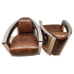 Art Deco French Leather Brown Club Pair of Armchairs, Steel, Aviator Model