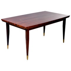 Art Deco French Macassar Dining Table with Tapered Legs and Brass Feet